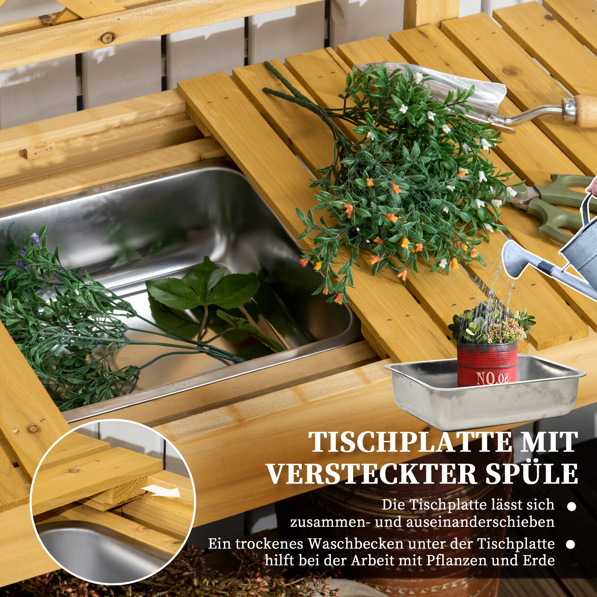 Planting Table, Gardening Table with Extendable Tabletop, Integrated Stainless Steel Sink, 2 Shelves, Solid Wood, Brown, 92 x 45 x 120 cm