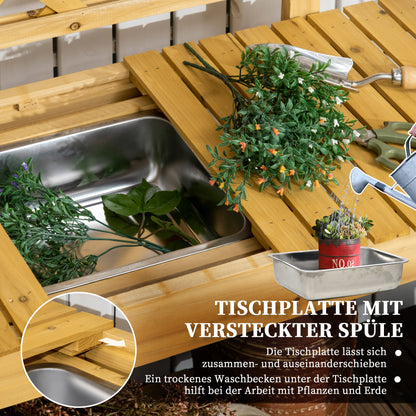 Planting Table, Gardening Table with Extendable Tabletop, Integrated Stainless Steel Sink, 2 Shelves, Solid Wood, Brown, 92 x 45 x 120 cm