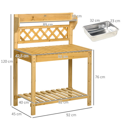 Planting Table, Gardening Table with Extendable Tabletop, Integrated Stainless Steel Sink, 2 Shelves, Solid Wood, Brown, 92 x 45 x 120 cm