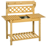 Planting Table, Gardening Table with Extendable Tabletop, Integrated Stainless Steel Sink, 2 Shelves, Solid Wood, Brown, 92 x 45 x 120 cm