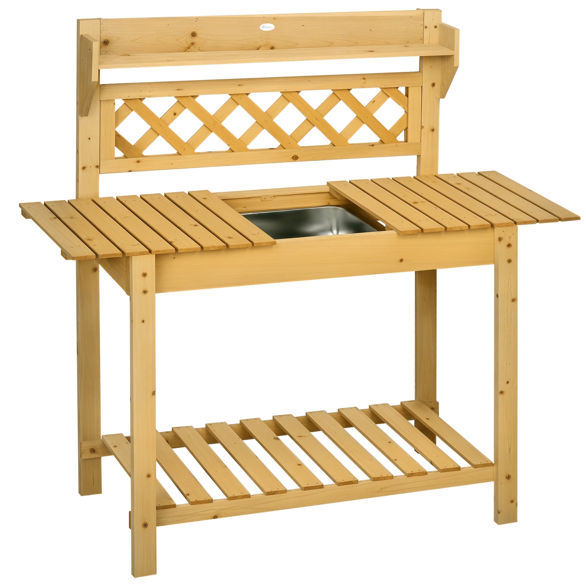 Planting Table, Gardening Table with Extendable Tabletop, Integrated Stainless Steel Sink, 2 Shelves, Solid Wood, Brown, 92 x 45 x 120 cm