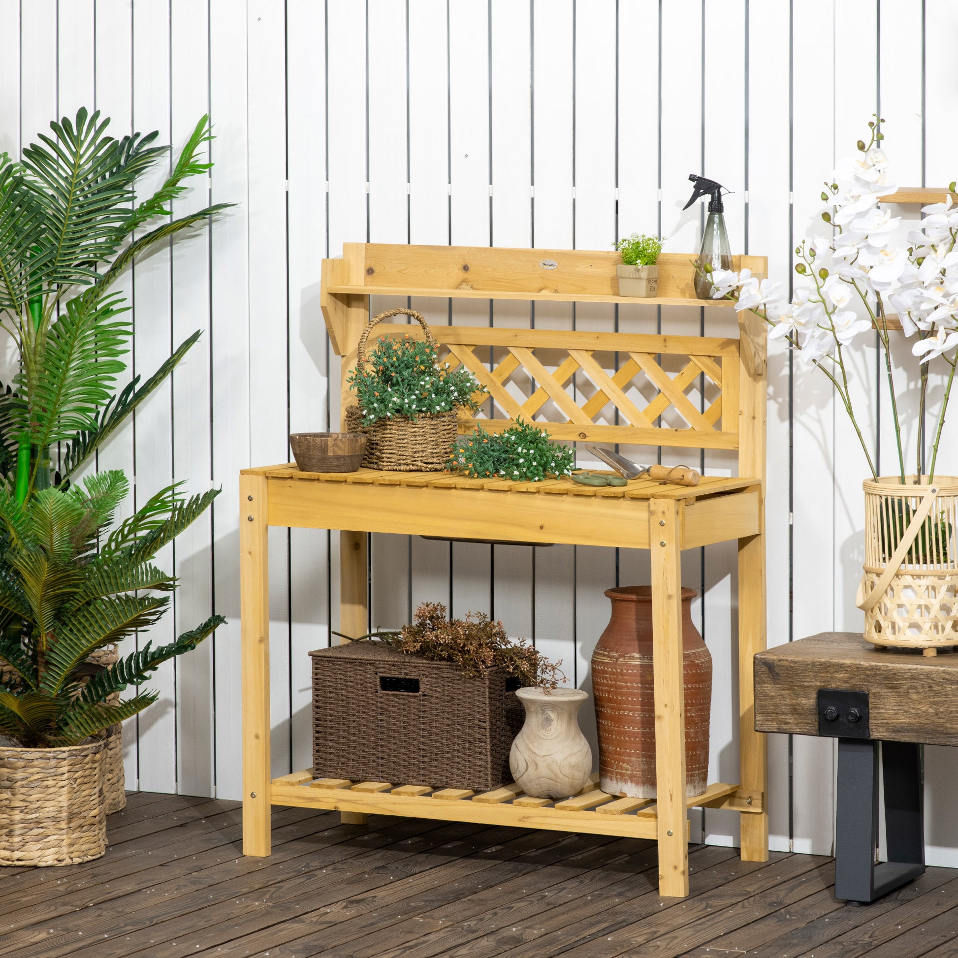 Planting Table, Gardening Table with Extendable Tabletop, Integrated Stainless Steel Sink, 2 Shelves, Solid Wood, Brown, 92 x 45 x 120 cm