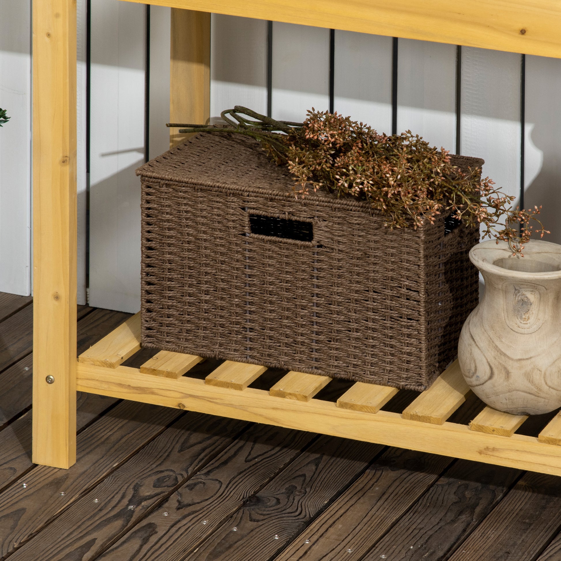 Planting Table, Gardening Table with Extendable Tabletop, Integrated Stainless Steel Sink, 2 Shelves, Solid Wood, Brown, 92 x 45 x 120 cm