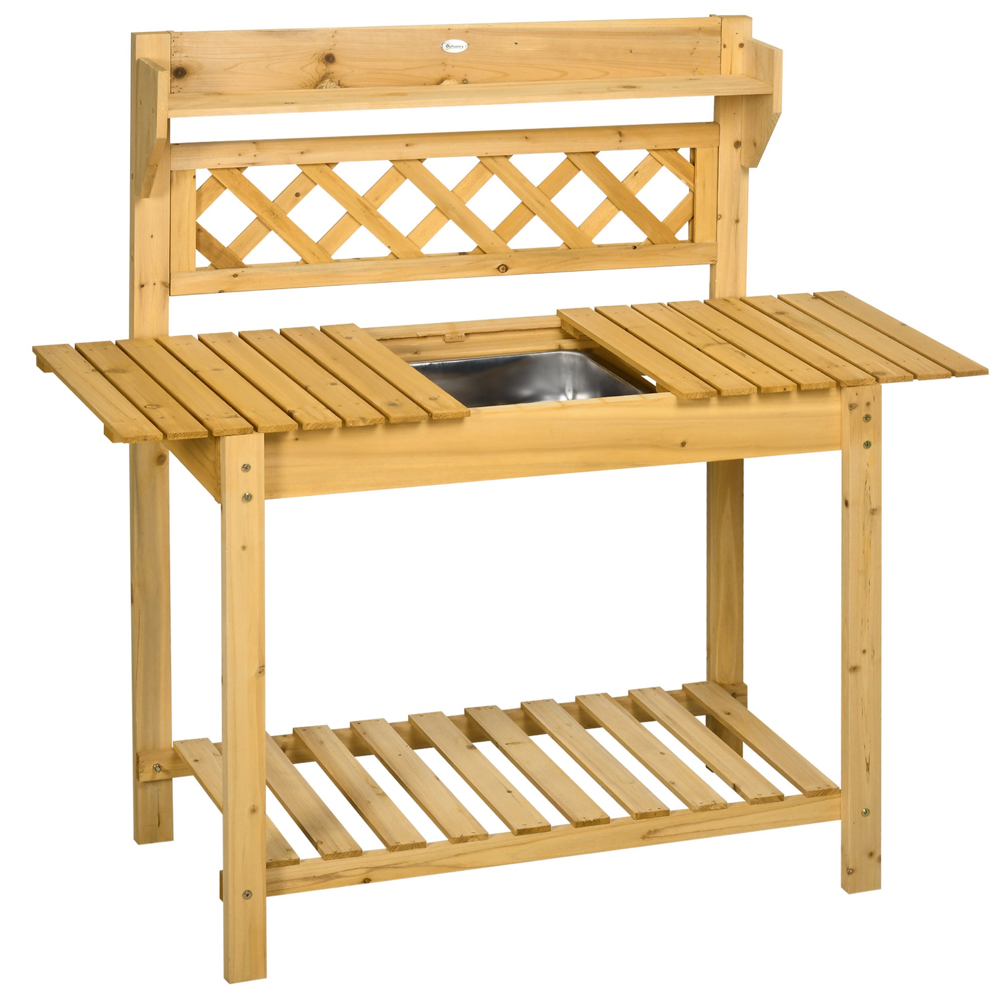 Planting Table, Gardening Table with Extendable Tabletop, Integrated Stainless Steel Sink, 2 Shelves, Solid Wood, Brown, 92 x 45 x 120 cm