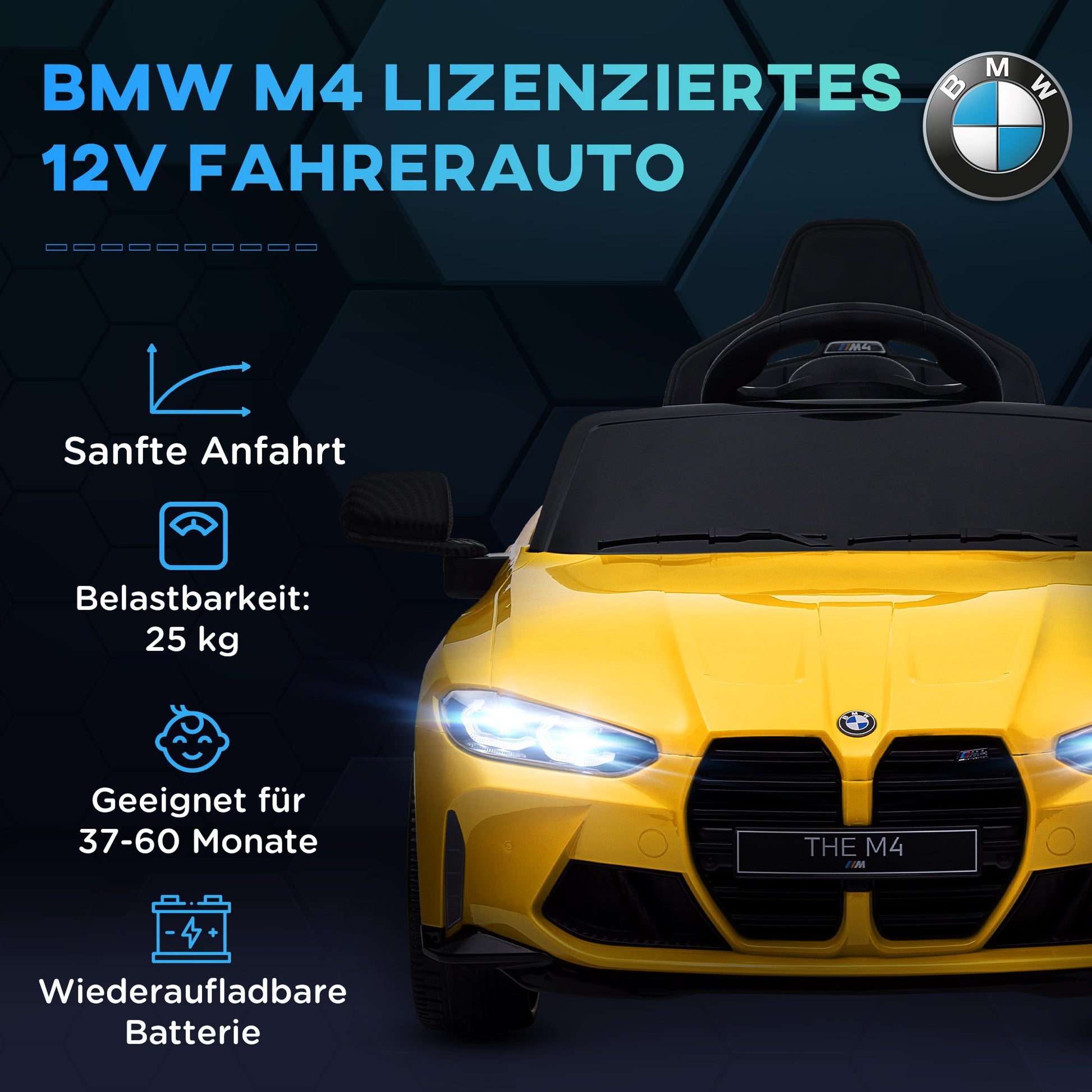 Kids Electric Car 12V Children's Vehicle with 2.4G Remote Control, Suspension, Soft Start, Electric Vehicle with MP3, USB, LED Lights, Horn, 3-5 km/h, for Children 3-5 Years, Yellow