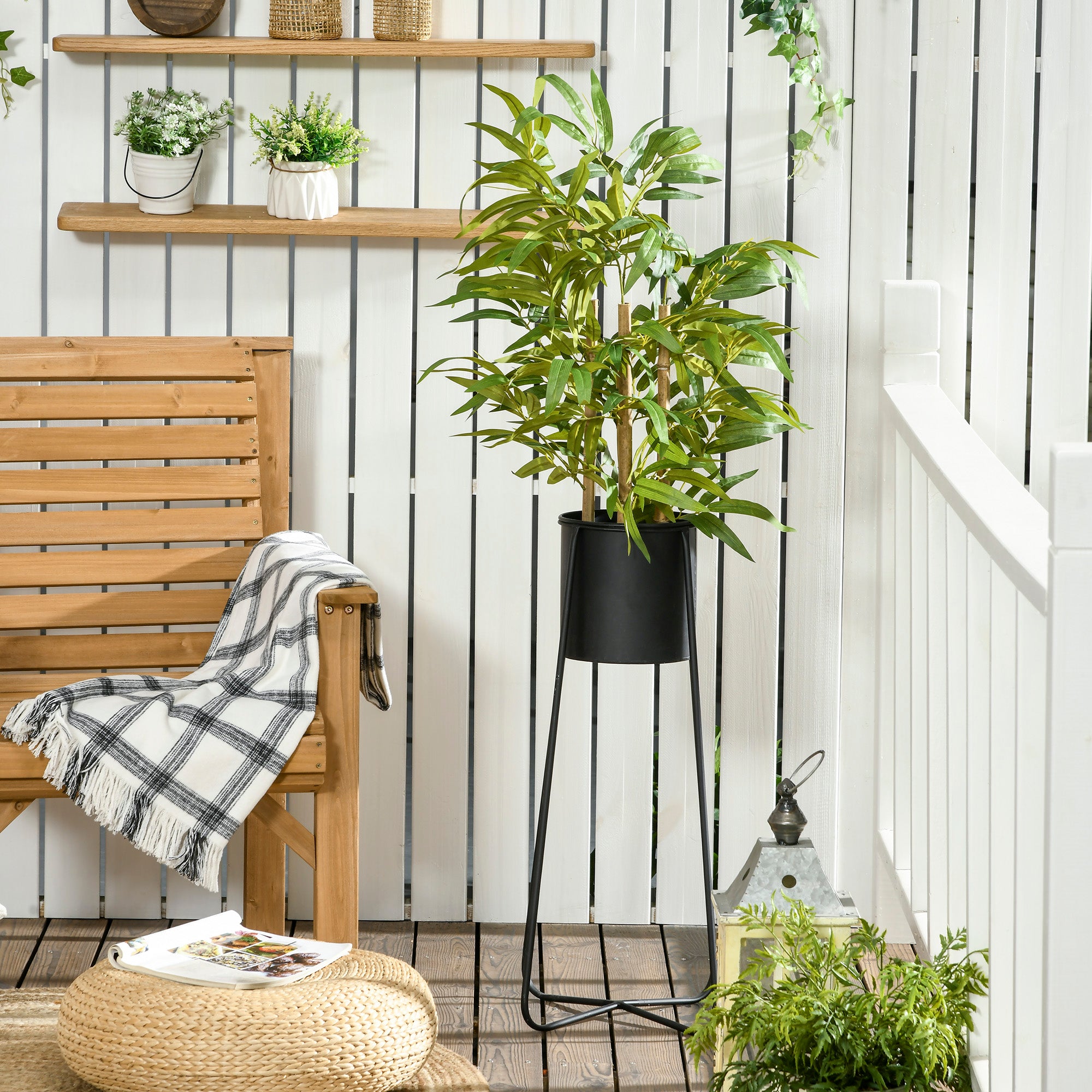 Artificial Bamboo Decorative Plant Height 60 cm - Trunk branches lichen leaves highly realistic pot included black green