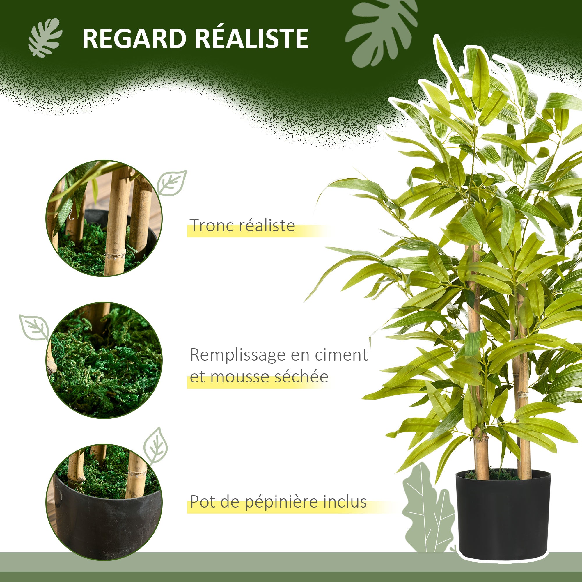 Artificial Bamboo Decorative Plant Height 60 cm - Trunk branches lichen leaves highly realistic pot included black green