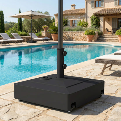 Square Umbrella Base with Wheels – HDPE Parasol Stand, Fits Ø35/38/48 mm, Fillable (61 kg sand / 40 kg water) – Black