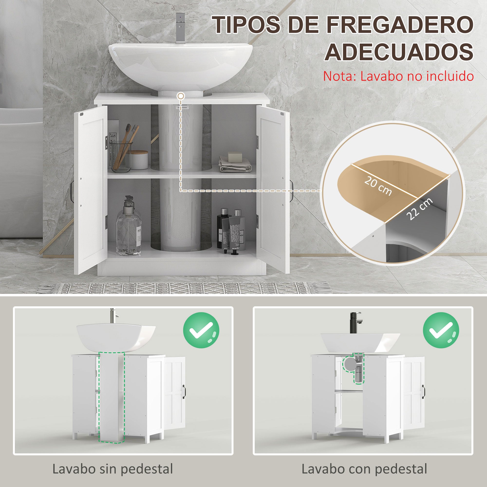 Under Sink Bathroom Cabinet with Double Door and Adjustable Shelf Load 20 kg 60x30x60 cm White