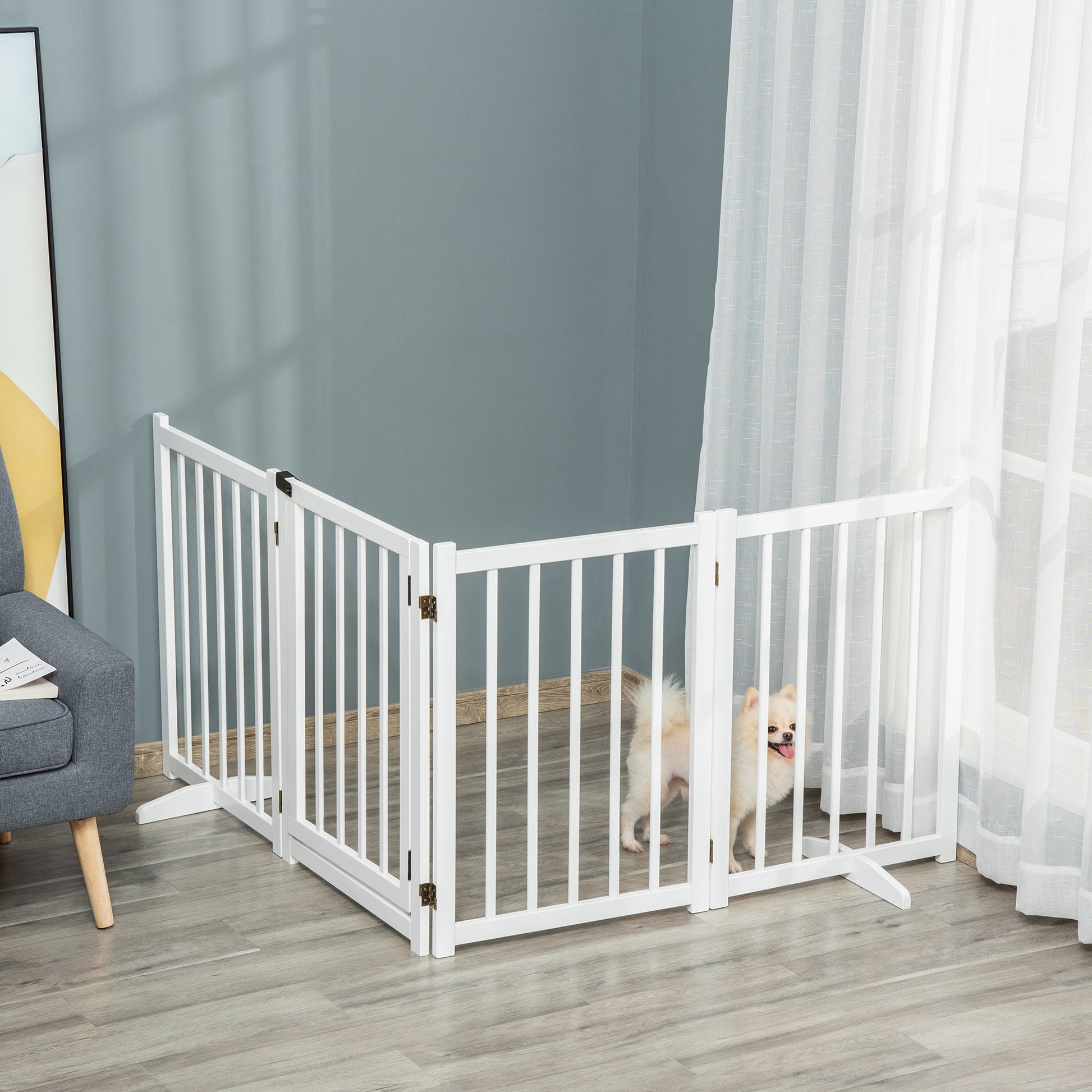 Foldable Dog Barrier Small and Medium Pet Gate with Door Wooden Safety Gate for Stairs Hallways 93.5x14.2x31.5 cm White