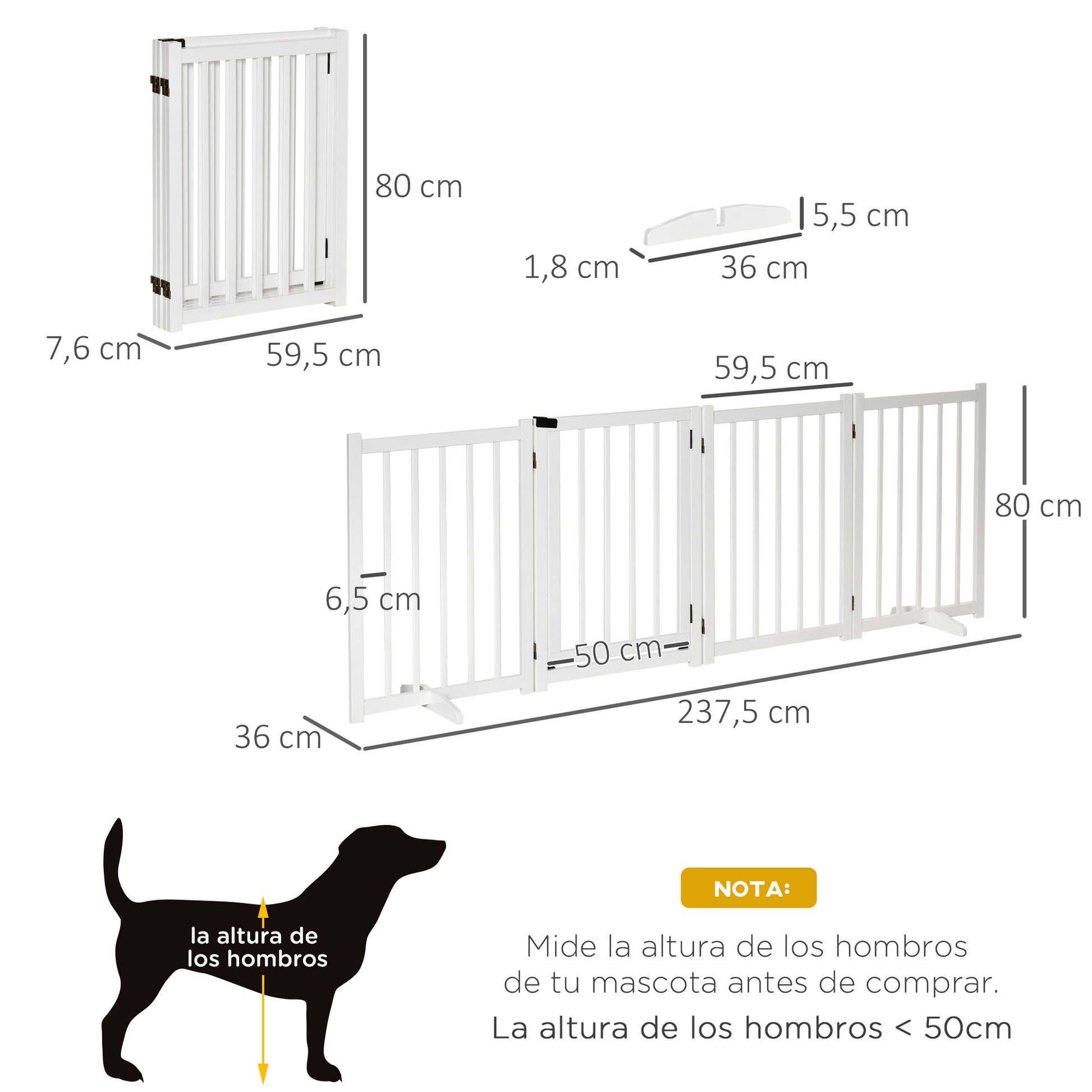 Foldable Dog Barrier Small and Medium Pet Gate with Door Wooden Safety Gate for Stairs Hallways 93.5x14.2x31.5 cm White