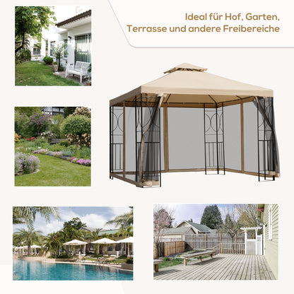Garden Pavilion Gazebo Party Tent Weatherproof Tent with 4 Shelves Metal + Polyester Beige 2.98 x 2.98 m