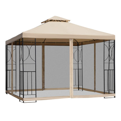 Garden Pavilion Gazebo Party Tent Weatherproof Tent with 4 Shelves Metal + Polyester Beige 2.98 x 2.98 m