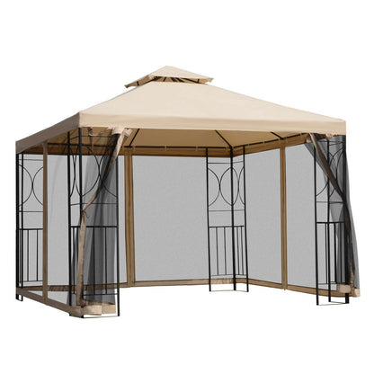 Garden Pavilion Gazebo Party Tent Weatherproof Tent with 4 Shelves Metal + Polyester Beige 2.98 x 2.98 m