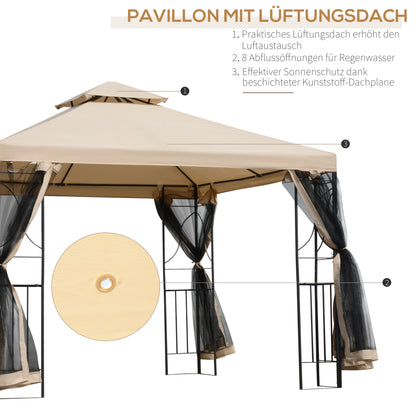Garden Pavilion Gazebo Party Tent Weatherproof Tent with 4 Shelves Metal + Polyester Beige 2.98 x 2.98 m