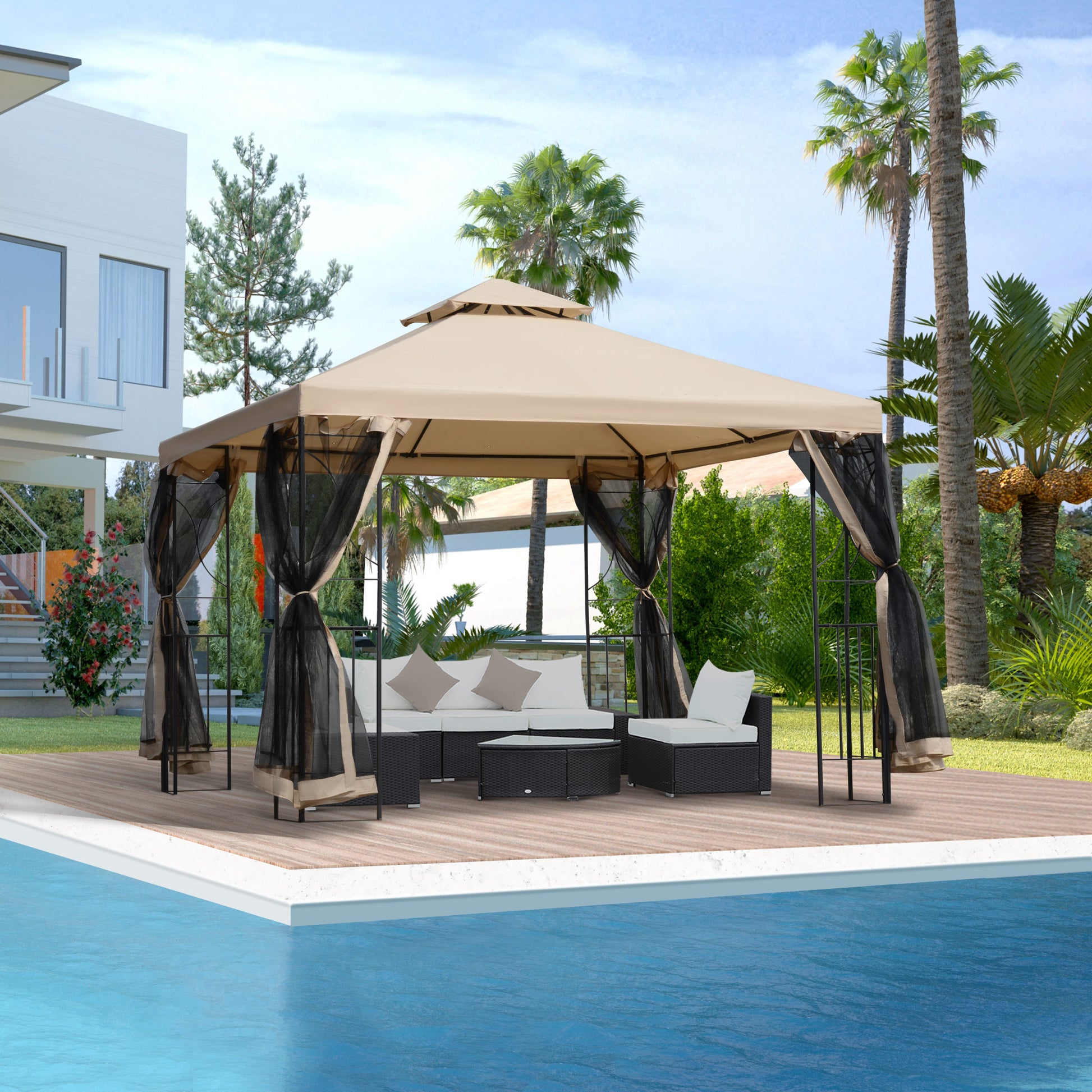 Garden Pavilion Gazebo Party Tent Weatherproof Tent with 4 Shelves Metal + Polyester Beige 2.98 x 2.98 m
