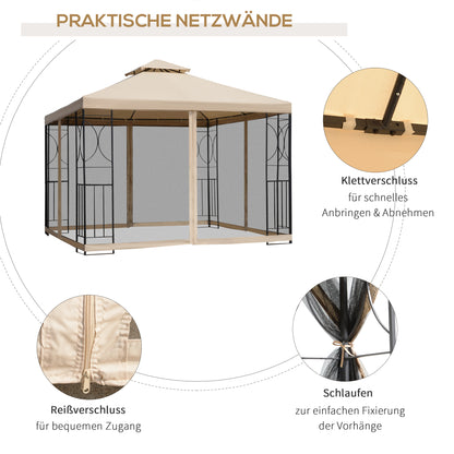 Garden Pavilion Gazebo Party Tent Weatherproof Tent with 4 Shelves Metal + Polyester Beige 2.98 x 2.98 m