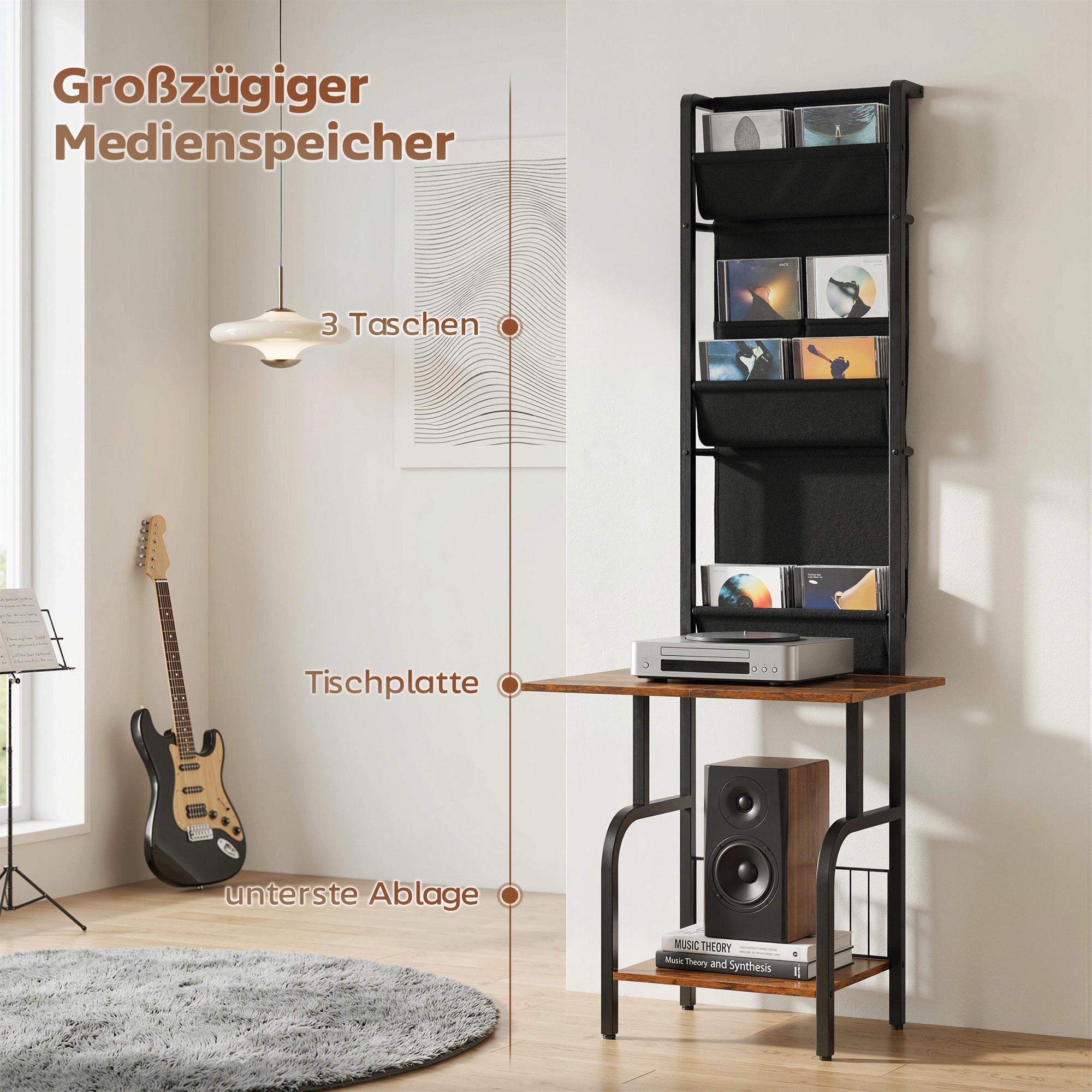 CD/DVD/Blu-ray Rack with 3 Fabric Pockets & Table — Industrial Media Shelf, Rustic Brown/Black (19.7 x 19.1 x 56.7 in)