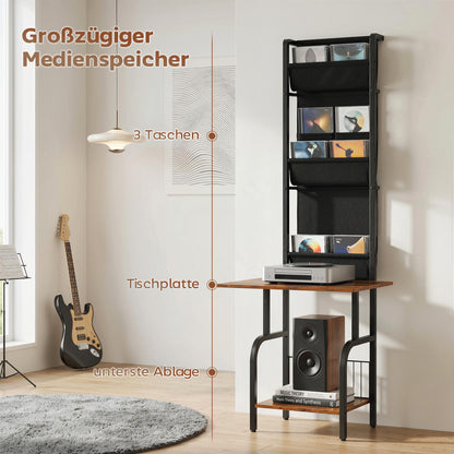 CD/DVD/Blu-ray Rack with 3 Fabric Pockets & Table — Industrial Media Shelf, Rustic Brown/Black (19.7 x 19.1 x 56.7 in)