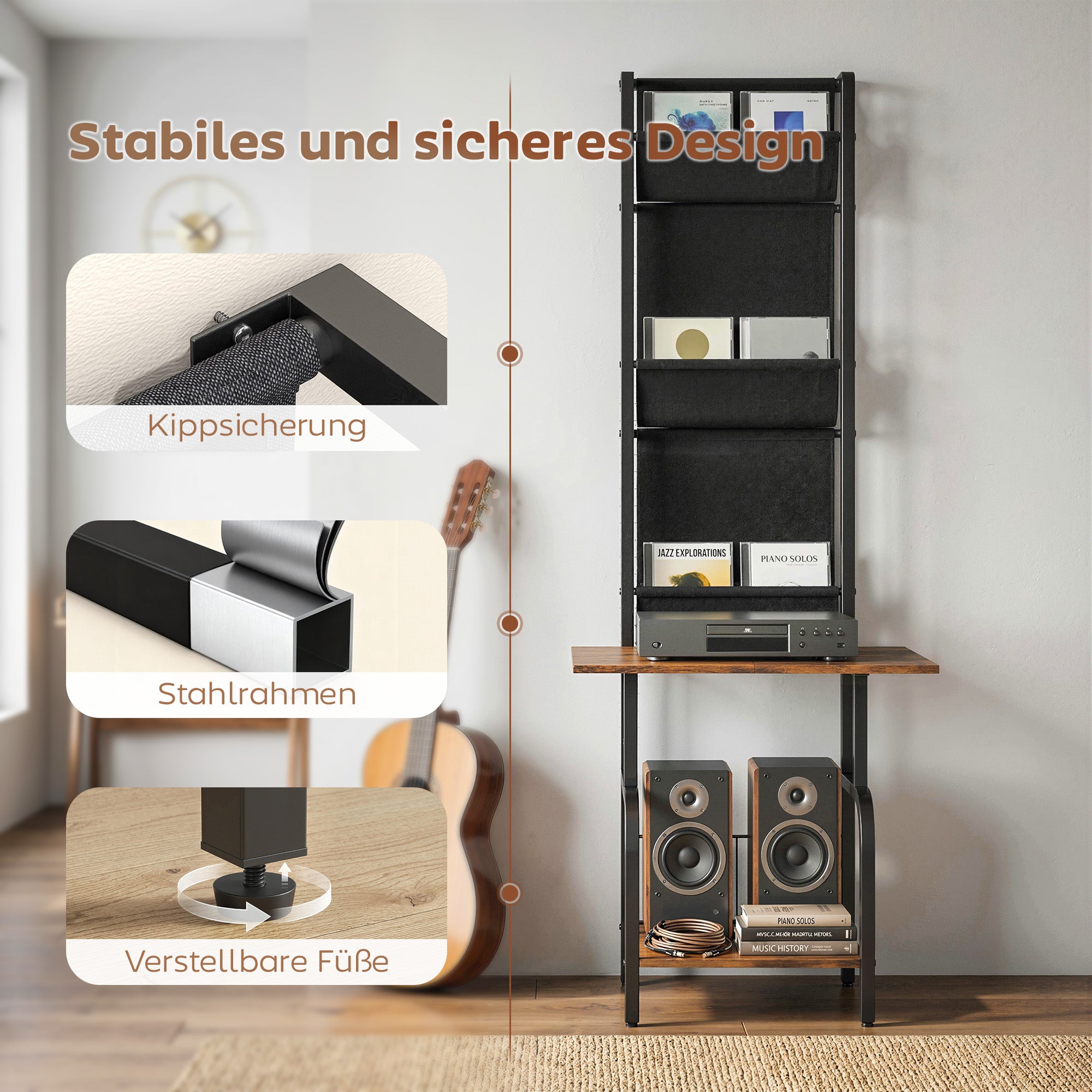 CD/DVD/Blu-ray Rack with 3 Fabric Pockets & Table — Industrial Media Shelf, Rustic Brown/Black (19.7 x 19.1 x 56.7 in)