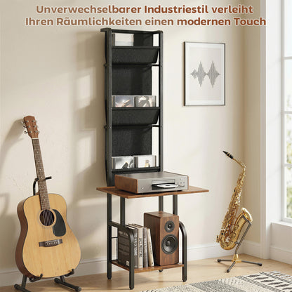 CD/DVD/Blu-ray Rack with 3 Fabric Pockets & Table — Industrial Media Shelf, Rustic Brown/Black (19.7 x 19.1 x 56.7 in)