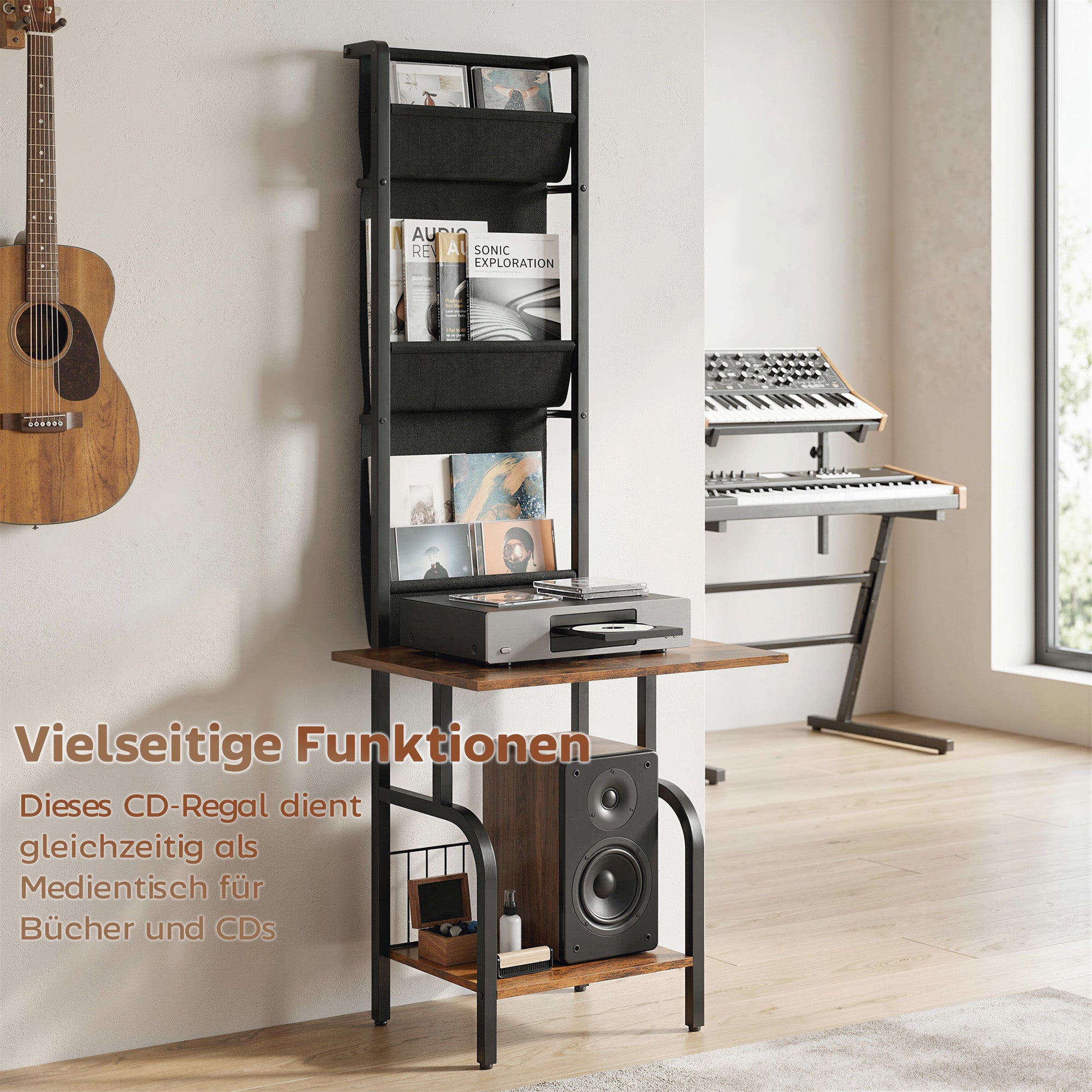 CD/DVD/Blu-ray Rack with 3 Fabric Pockets & Table — Industrial Media Shelf, Rustic Brown/Black (19.7 x 19.1 x 56.7 in)