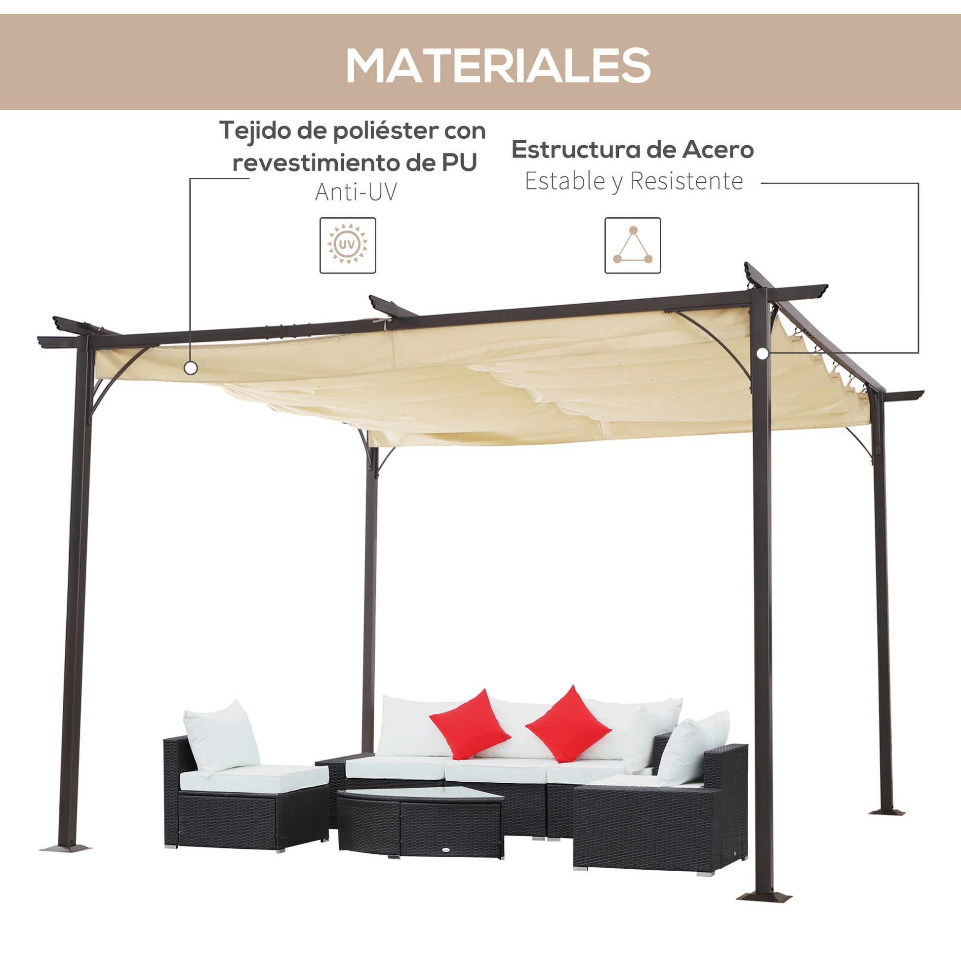 Garden Pergola 3.5x3.5m Gazebo Pavilion for Outdoor with Retractable Roof Waterproof Polyester Fabric and Anti-UV for Patio Terrace Beige