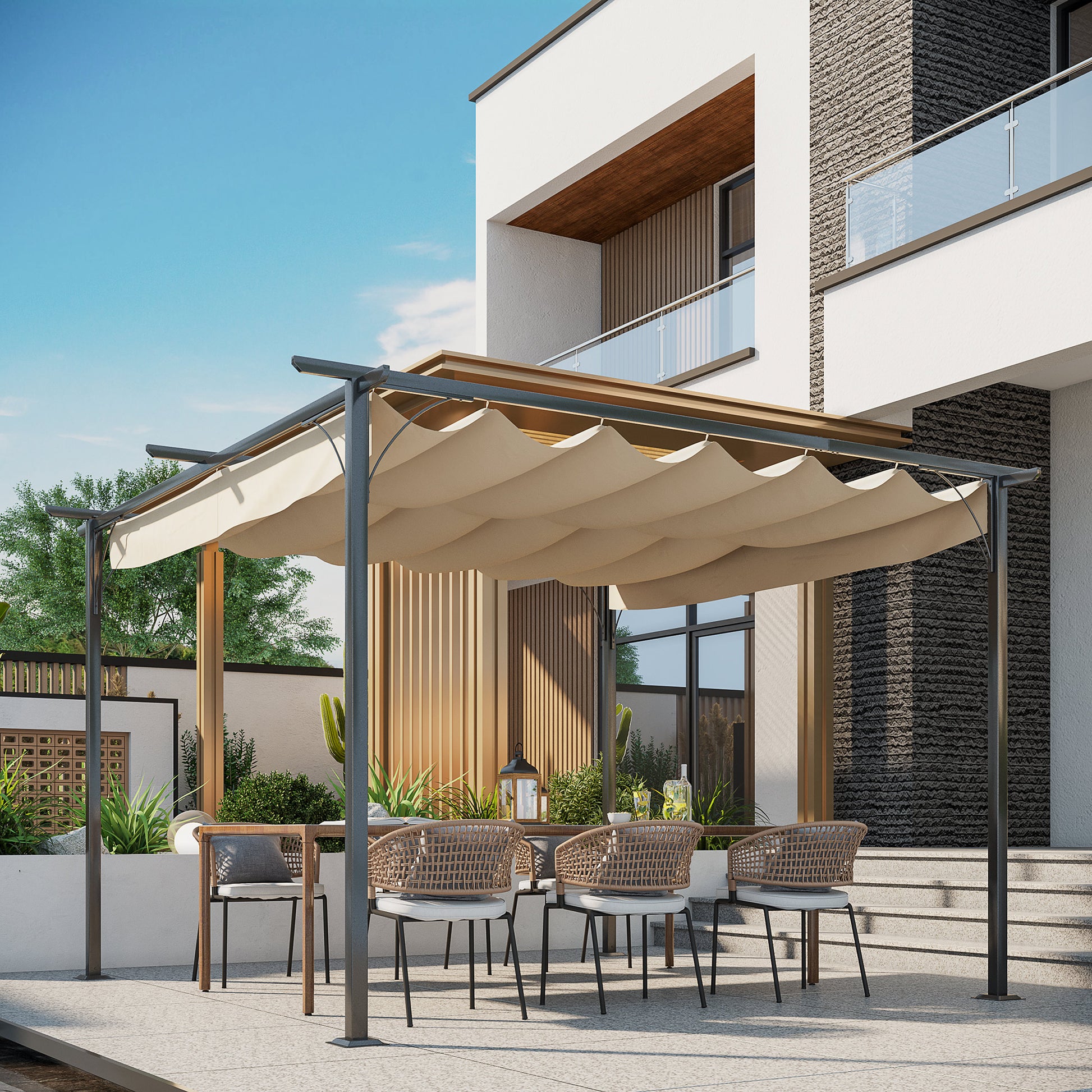 Garden Pergola 3.5x3.5m Gazebo Pavilion for Outdoor with Retractable Roof Waterproof Polyester Fabric and Anti-UV for Patio Terrace Beige