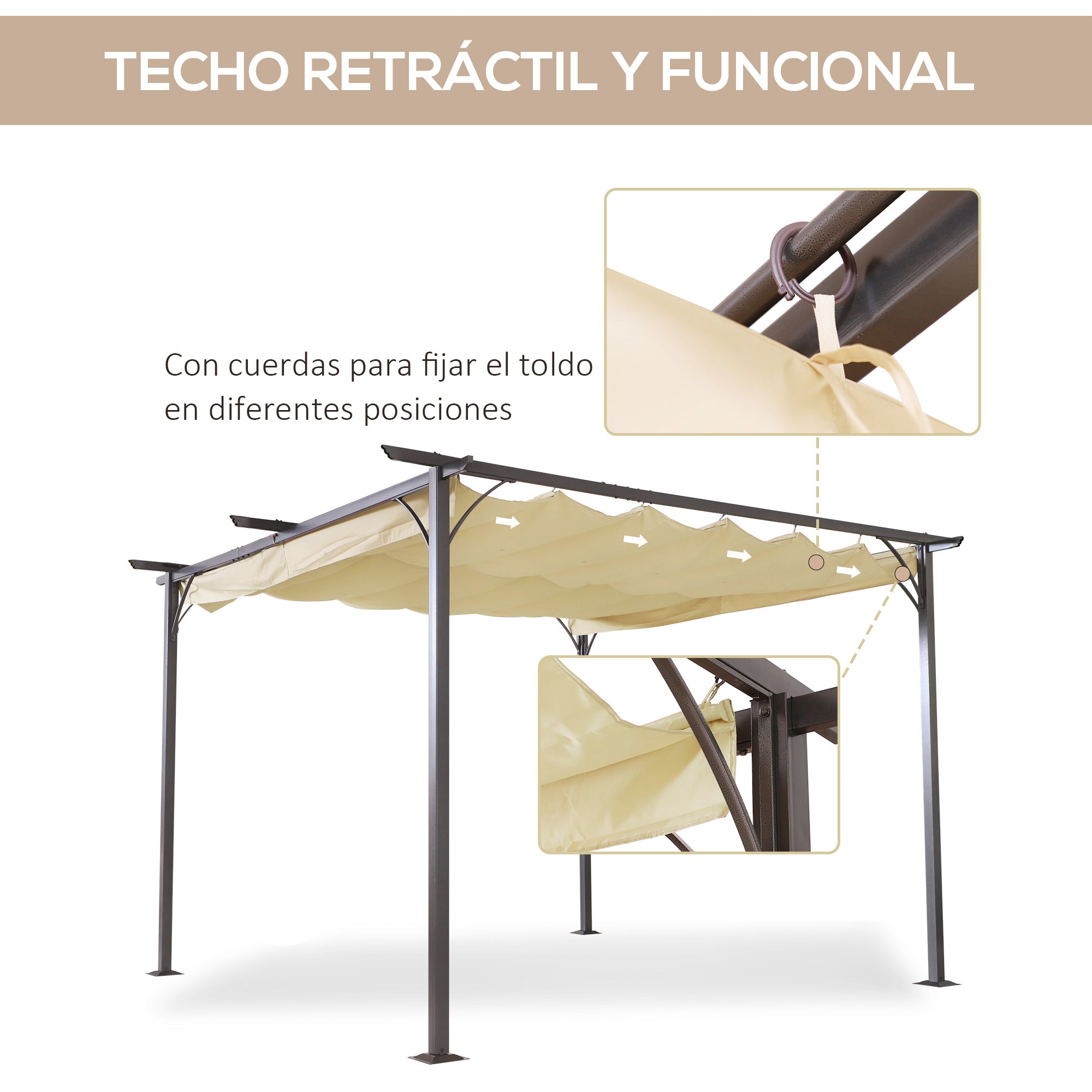 Garden Pergola 3.5x3.5m Gazebo Pavilion for Outdoor with Retractable Roof Waterproof Polyester Fabric and Anti-UV for Patio Terrace Beige