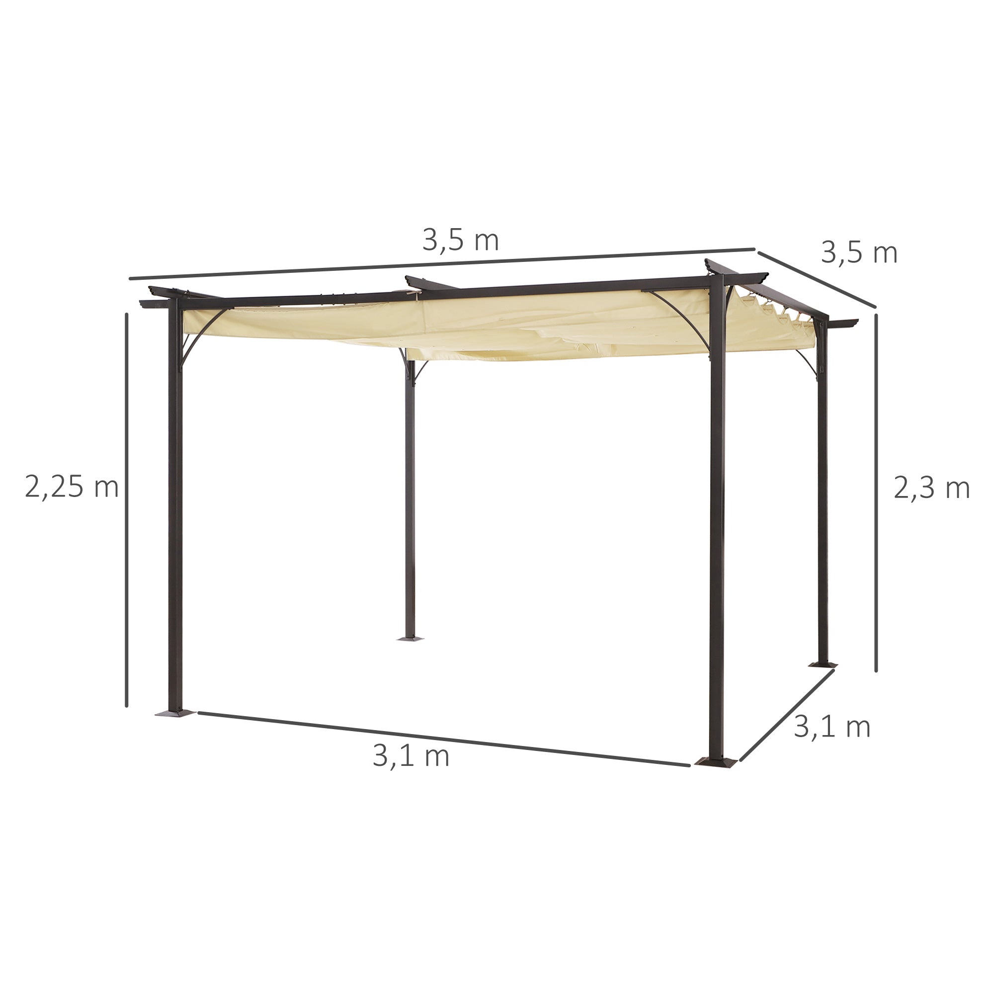Garden Pergola 3.5x3.5m Gazebo Pavilion for Outdoor with Retractable Roof Waterproof Polyester Fabric and Anti-UV for Patio Terrace Beige