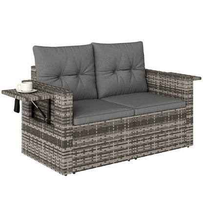 2-Seater Outdoor Rattan Sofa with Cushions — Convertible, Fold-Out Side Trays, Weather-Resistant, Light Grey Synthetic Rattan