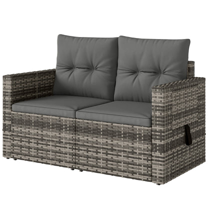2-Seater Outdoor Rattan Sofa with Cushions — Convertible, Fold-Out Side Trays, Weather-Resistant, Light Grey Synthetic Rattan