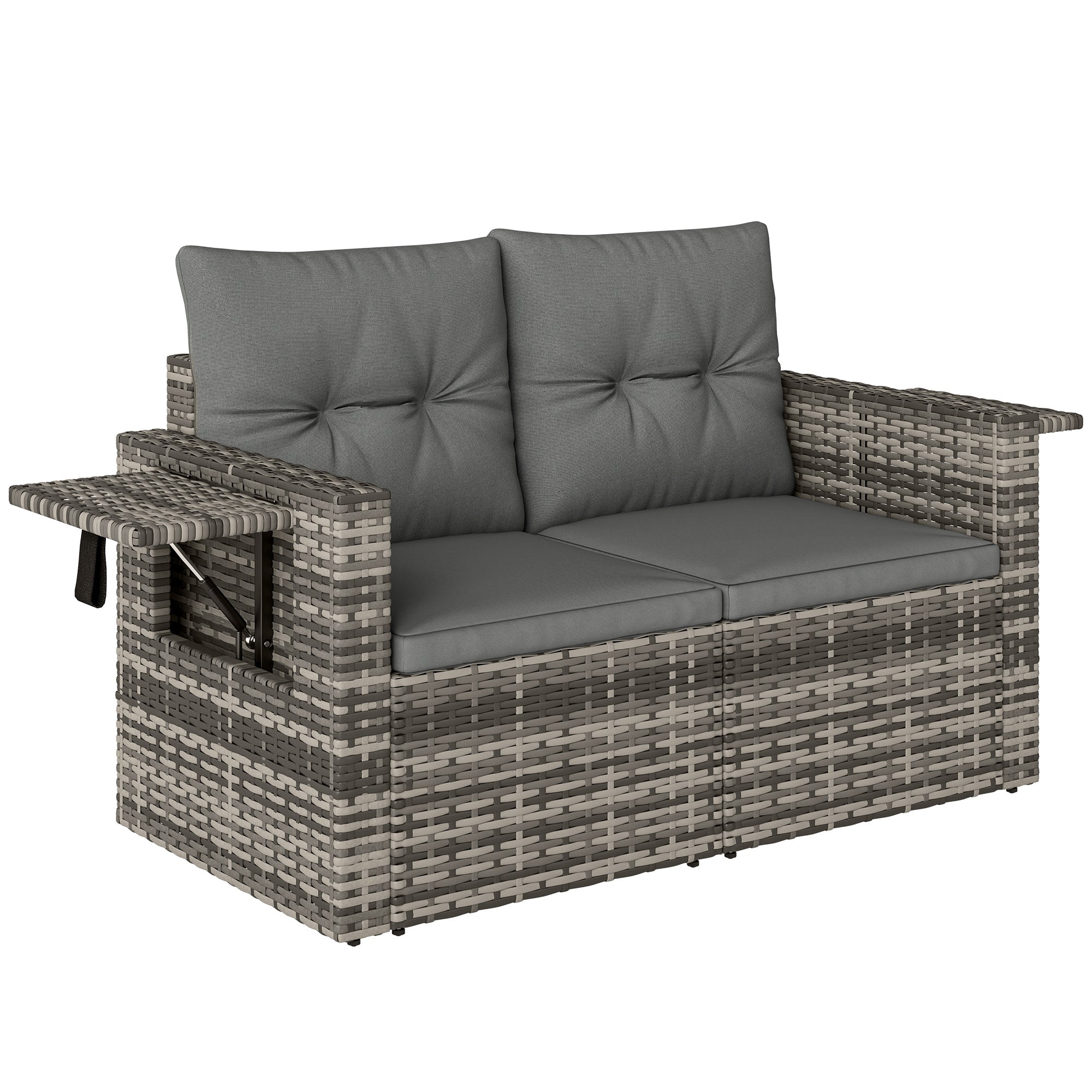 2-Seater Outdoor Rattan Sofa with Cushions — Convertible, Fold-Out Side Trays, Weather-Resistant, Light Grey Synthetic Rattan