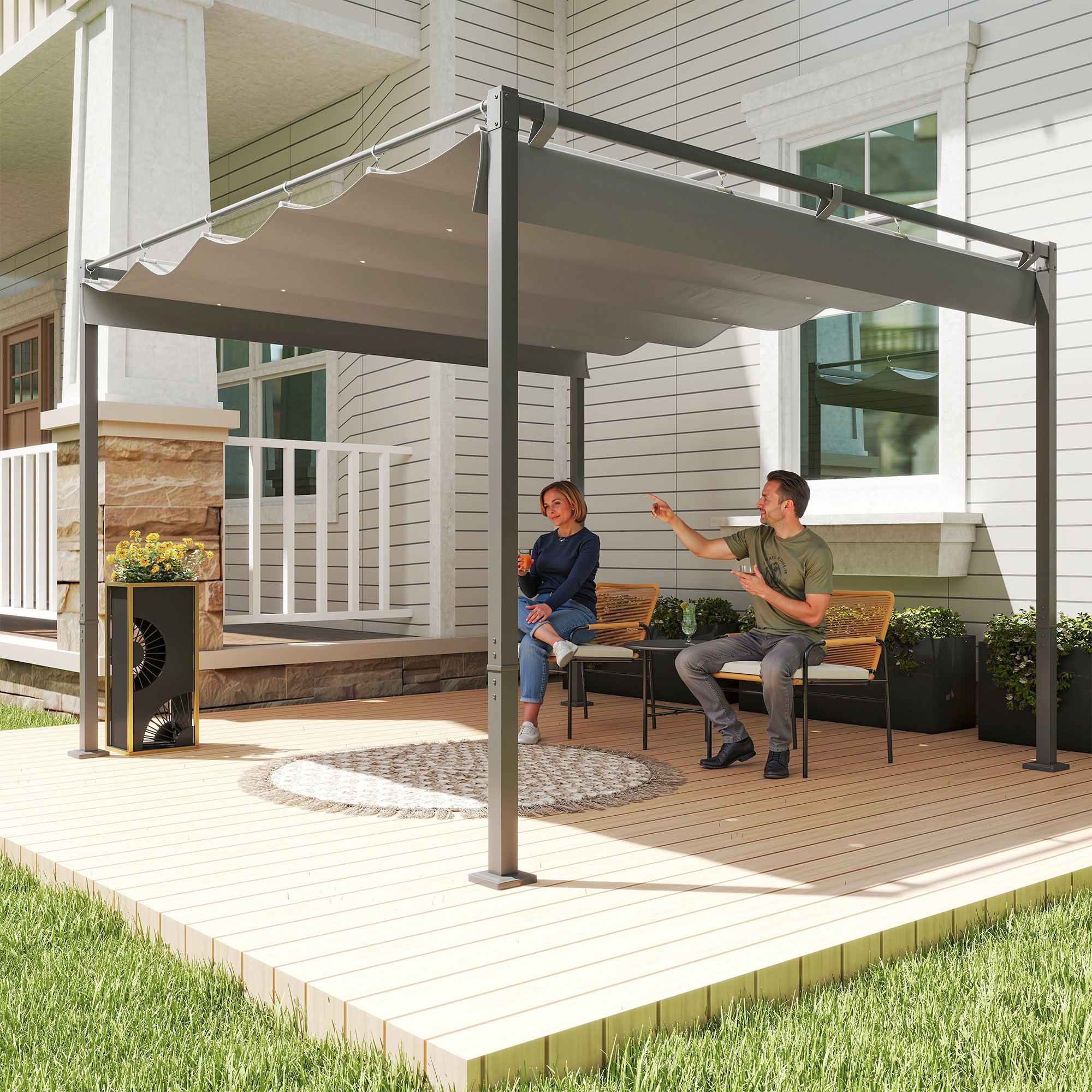 Retractable Sliding Pergola 3 x 3 m — 180 g/m² UV-Resistant Polyester Canopy, Magnetic Fastening, Powder-Coated Steel Frame, Gray