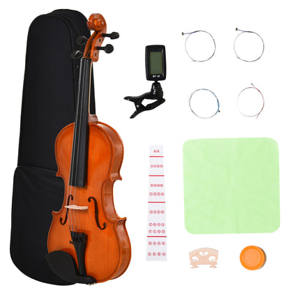 Full-size 4/4 Violin with Case, Tuner, Shoulder Rest, Bow, Rosin, Spare Strings, and Cloth Spruce Plywood and Maple
