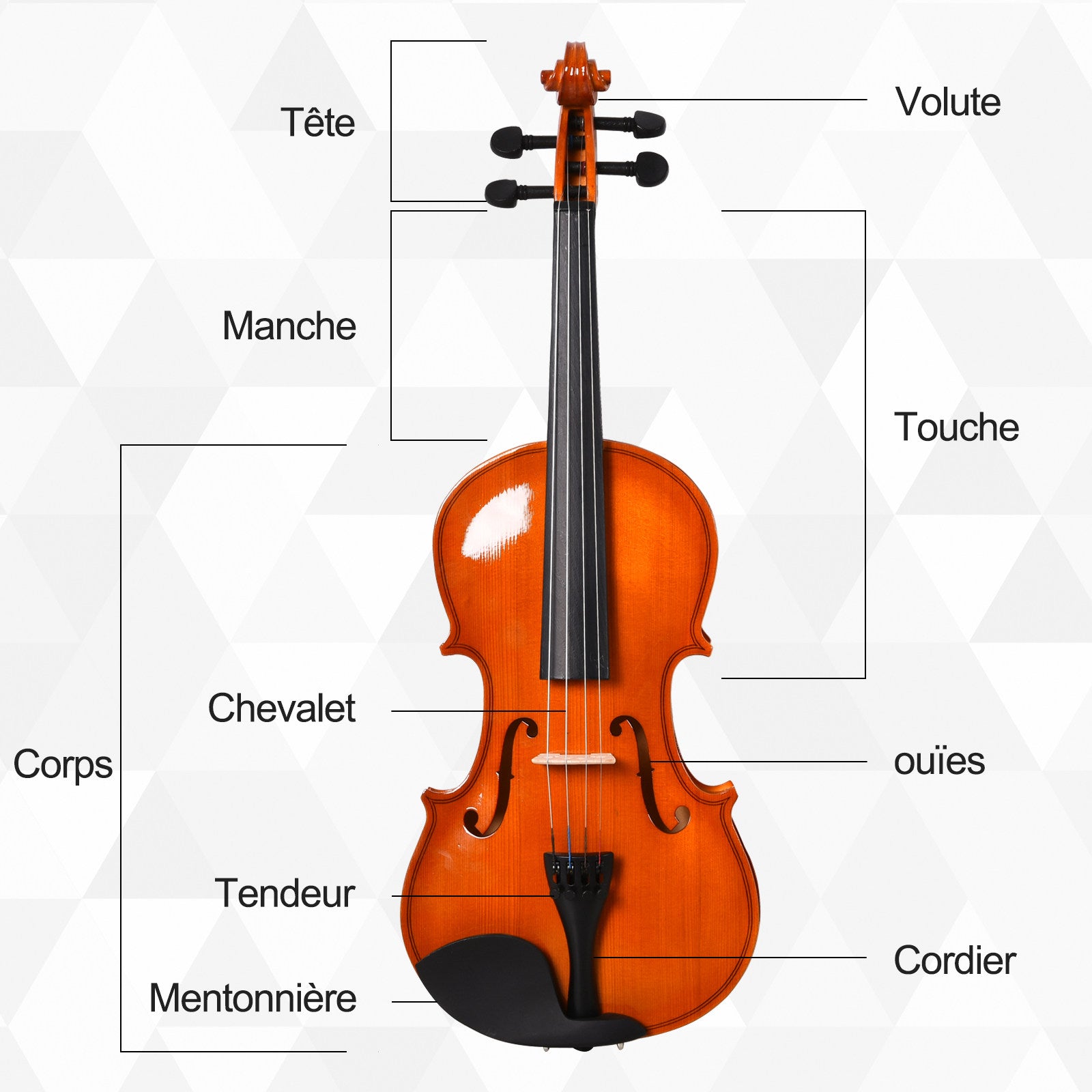 Full-size 4/4 Violin with Case, Tuner, Shoulder Rest, Bow, Rosin, Spare Strings, and Cloth Spruce Plywood and Maple
