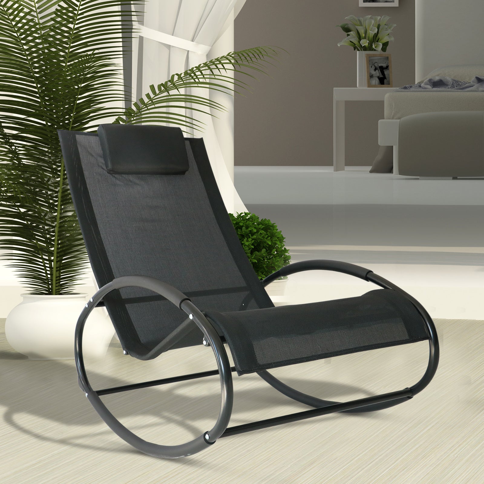 Zero Gravity Garden Rocking Chair, Ergonomic Rocking Chair with Cushion and Breathable Fabric for Indoor and Outdoor Use, Gray, 105x62x88 cm