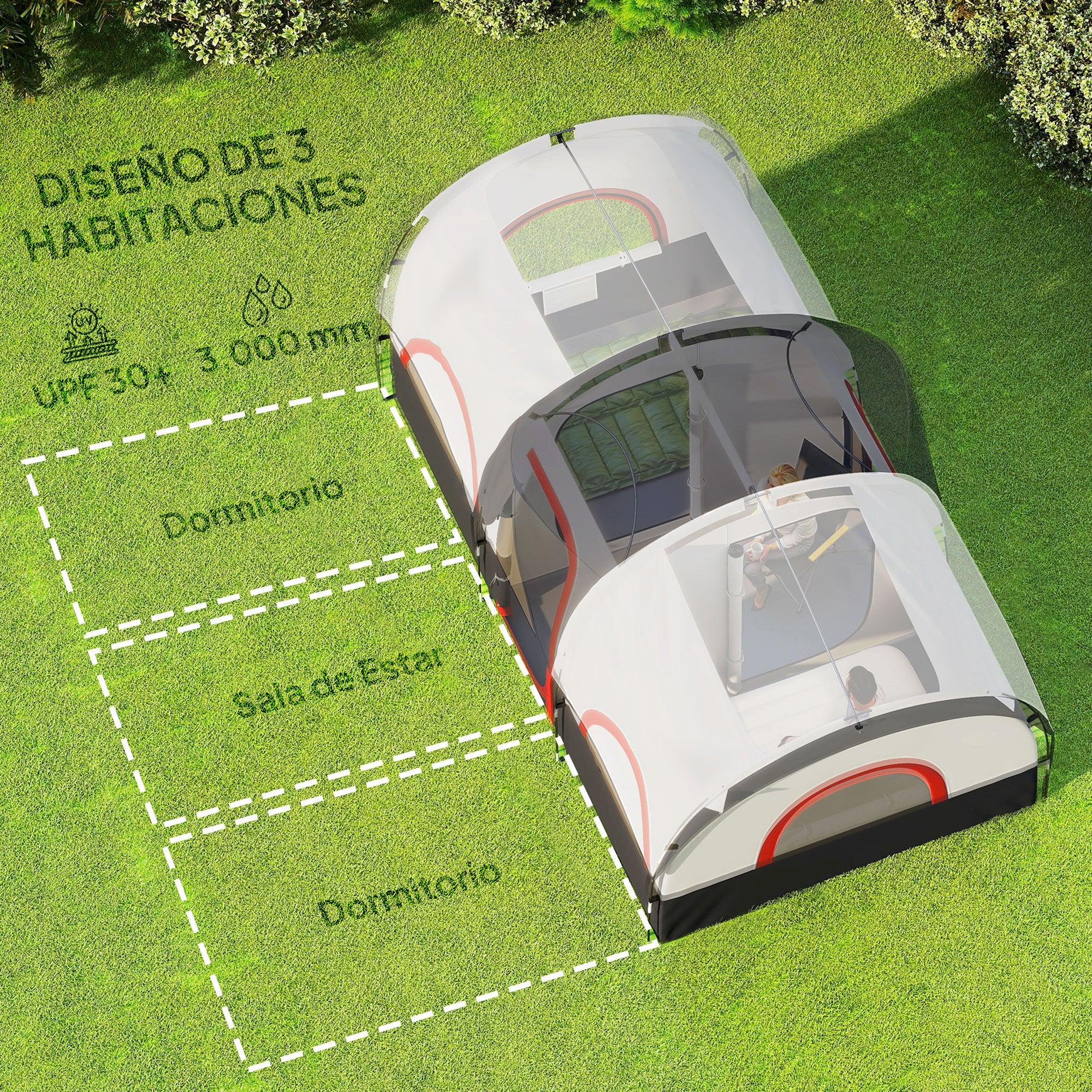 Family Tunnel Camping Tent for 4-6 People Waterproof 3000 mm Foldable Camping Tent with 2 Bedrooms Hiking Bag 171.26x98.82x76.77 inches Dark Gray and White