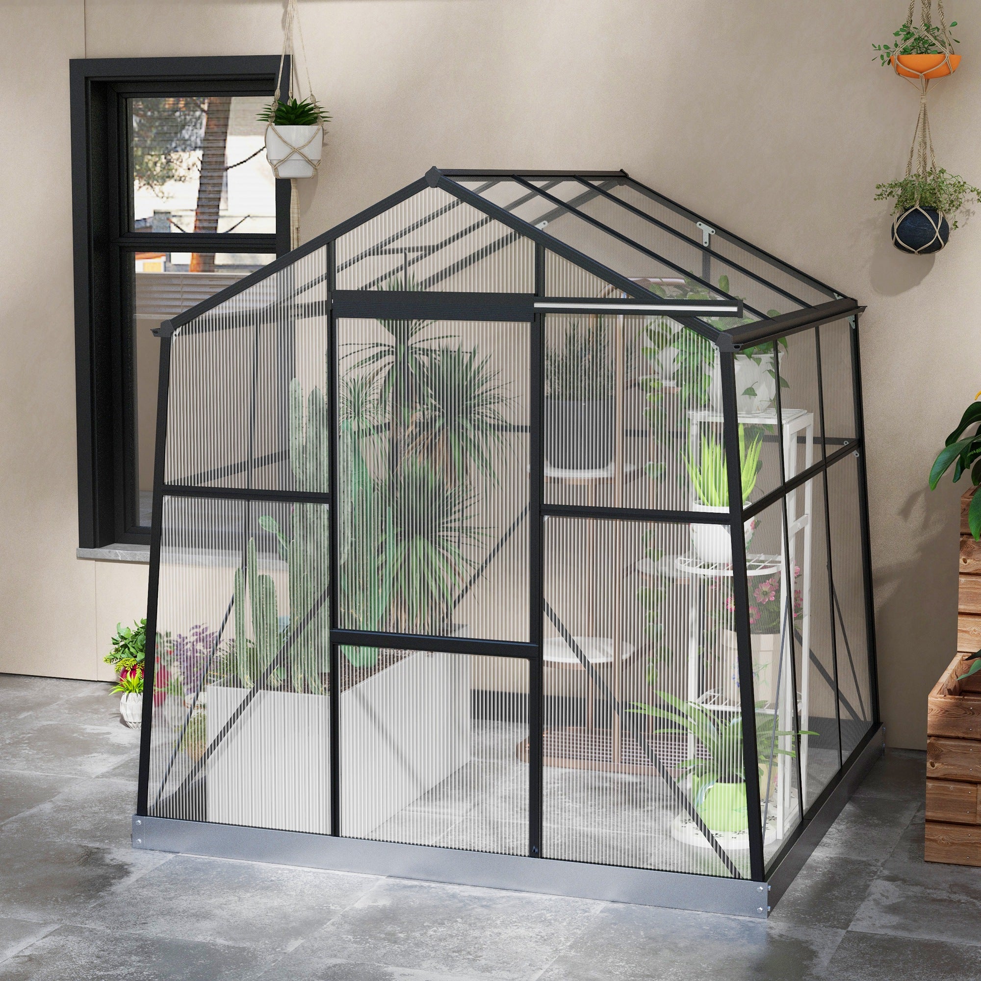 Greenhouse Aluminum 192 x 192 x 204 cm Greenhouse 3.68 m² Tomato House with Window, Sliding Door, Foundation, Plant House for Garden, Balcony, Black