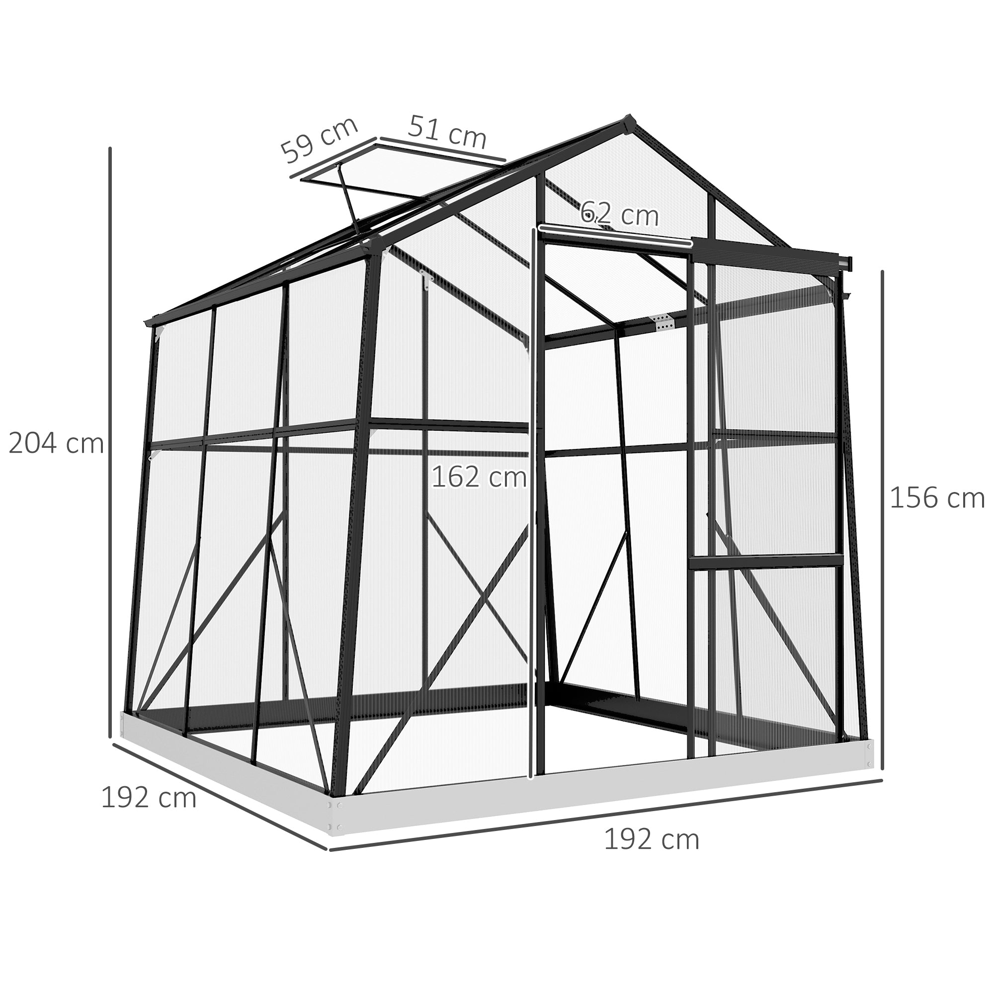 Greenhouse Aluminum 192 x 192 x 204 cm Greenhouse 3.68 m² Tomato House with Window, Sliding Door, Foundation, Plant House for Garden, Balcony, Black