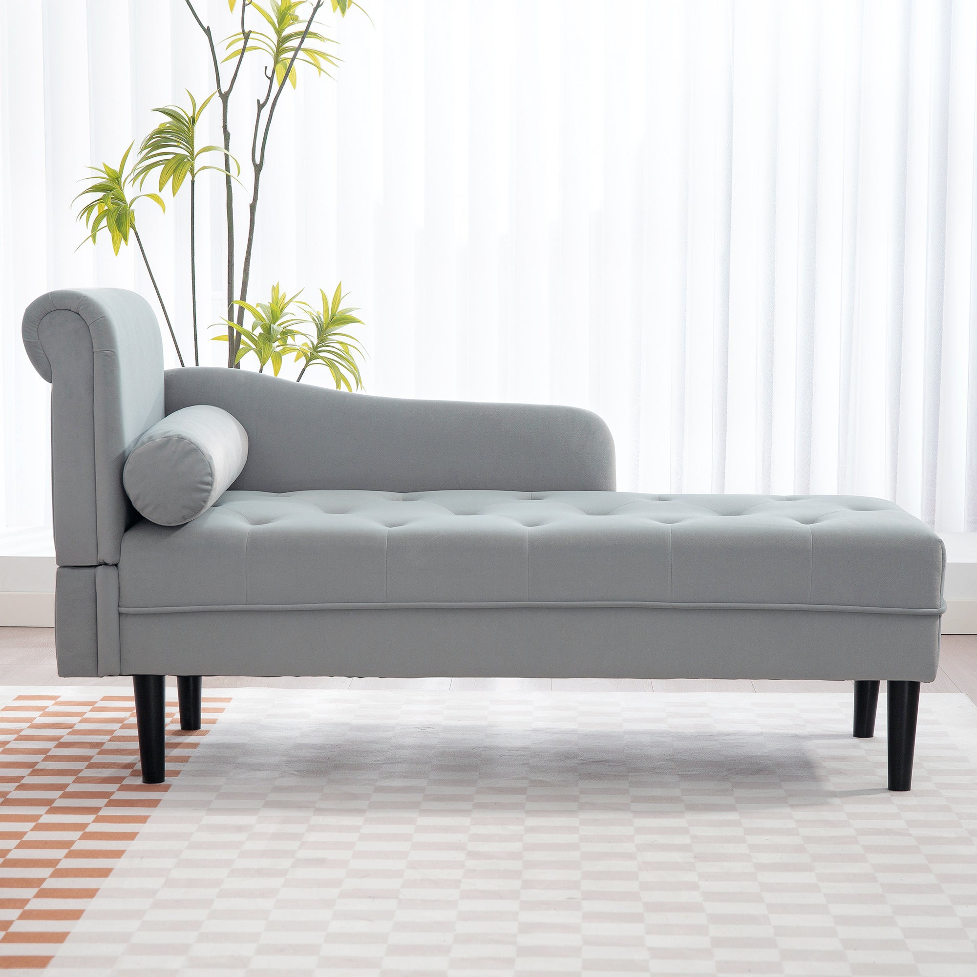 Quilted Chaise Longue with Left Armrest and Cushion in Velvet, Upholstered Sofa, Chaise Longue Armchair with Solid Wood Legs for Living Room, Office, and Lounge, Gray