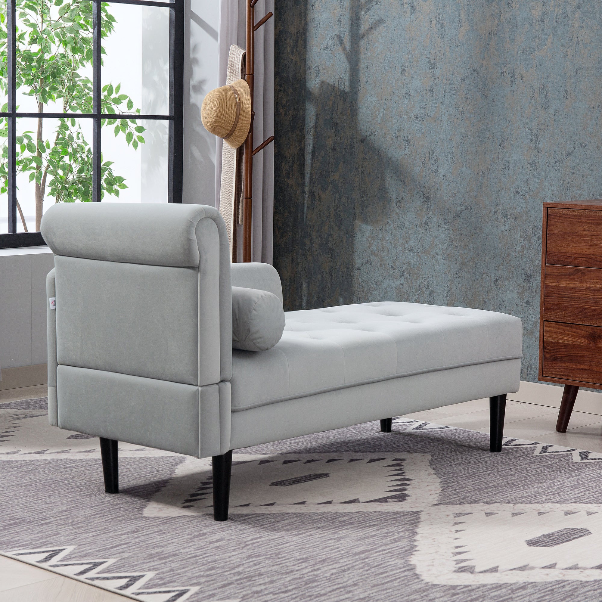 Quilted Chaise Longue with Left Armrest and Cushion in Velvet, Upholstered Sofa, Chaise Longue Armchair with Solid Wood Legs for Living Room, Office, and Lounge, Gray