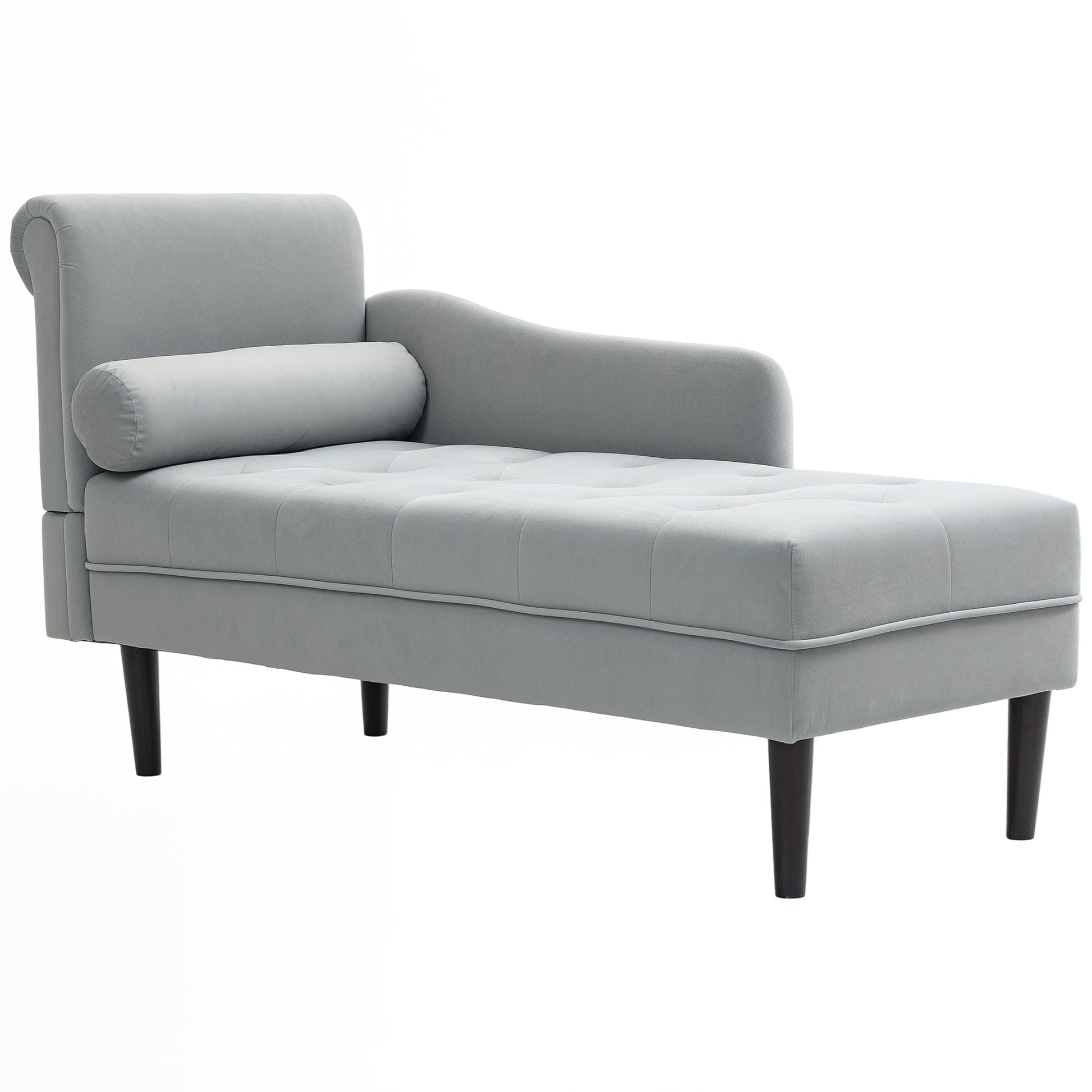 Quilted Chaise Longue with Left Armrest and Cushion in Velvet, Upholstered Sofa, Chaise Longue Armchair with Solid Wood Legs for Living Room, Office, and Lounge, Gray