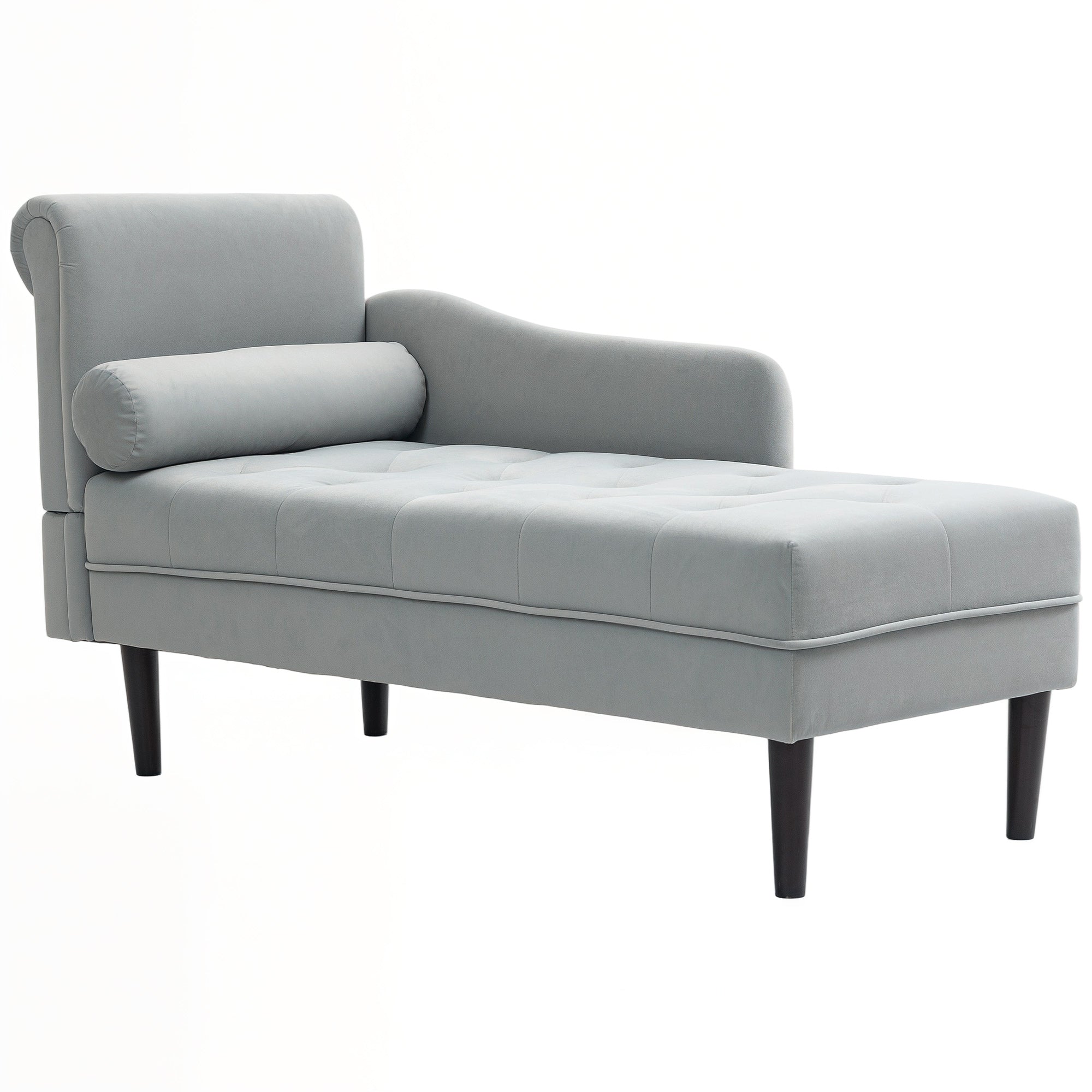 Quilted Chaise Longue with Left Armrest and Cushion in Velvet, Upholstered Sofa, Chaise Longue Armchair with Solid Wood Legs for Living Room, Office, and Lounge, Gray
