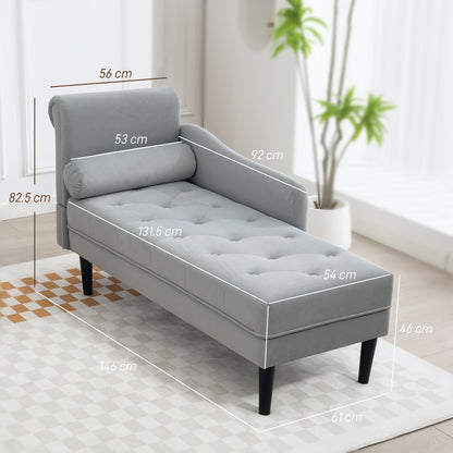 Quilted Chaise Longue with Left Armrest and Cushion in Velvet, Upholstered Sofa, Chaise Longue Armchair with Solid Wood Legs for Living Room, Office, and Lounge, Gray