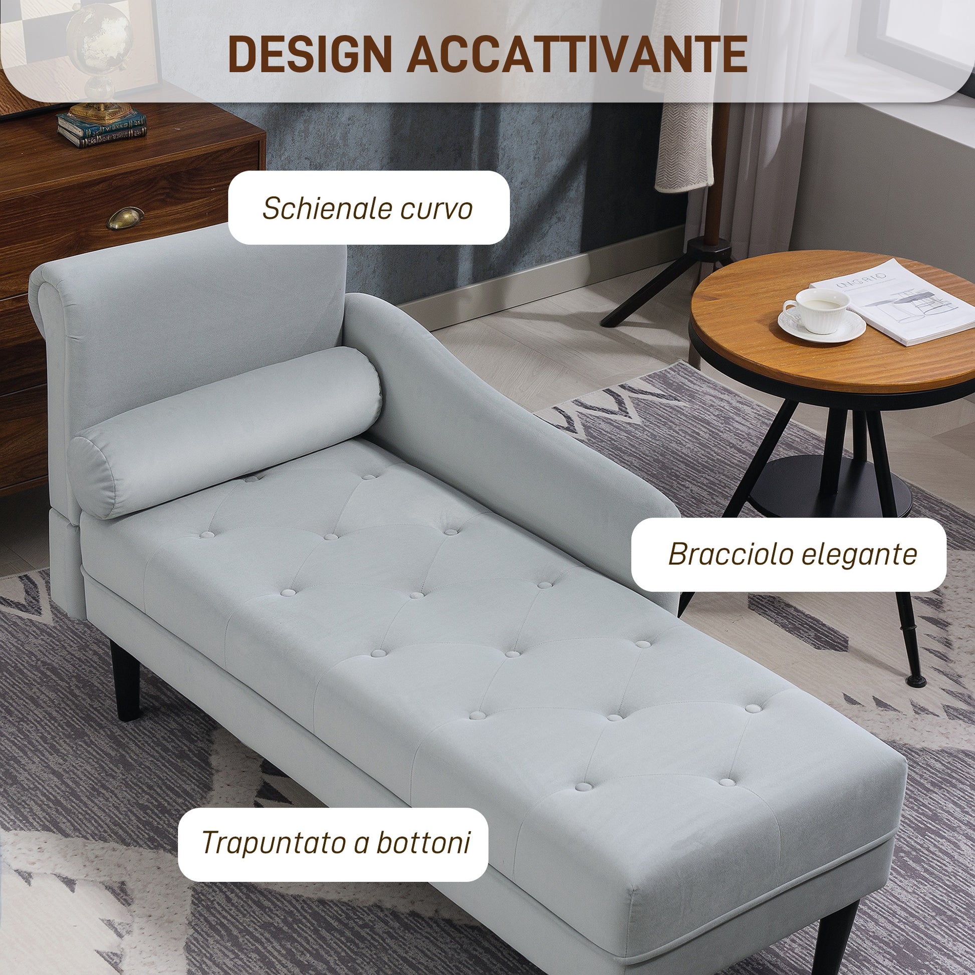 Quilted Chaise Longue with Left Armrest and Cushion in Velvet, Upholstered Sofa, Chaise Longue Armchair with Solid Wood Legs for Living Room, Office, and Lounge, Gray