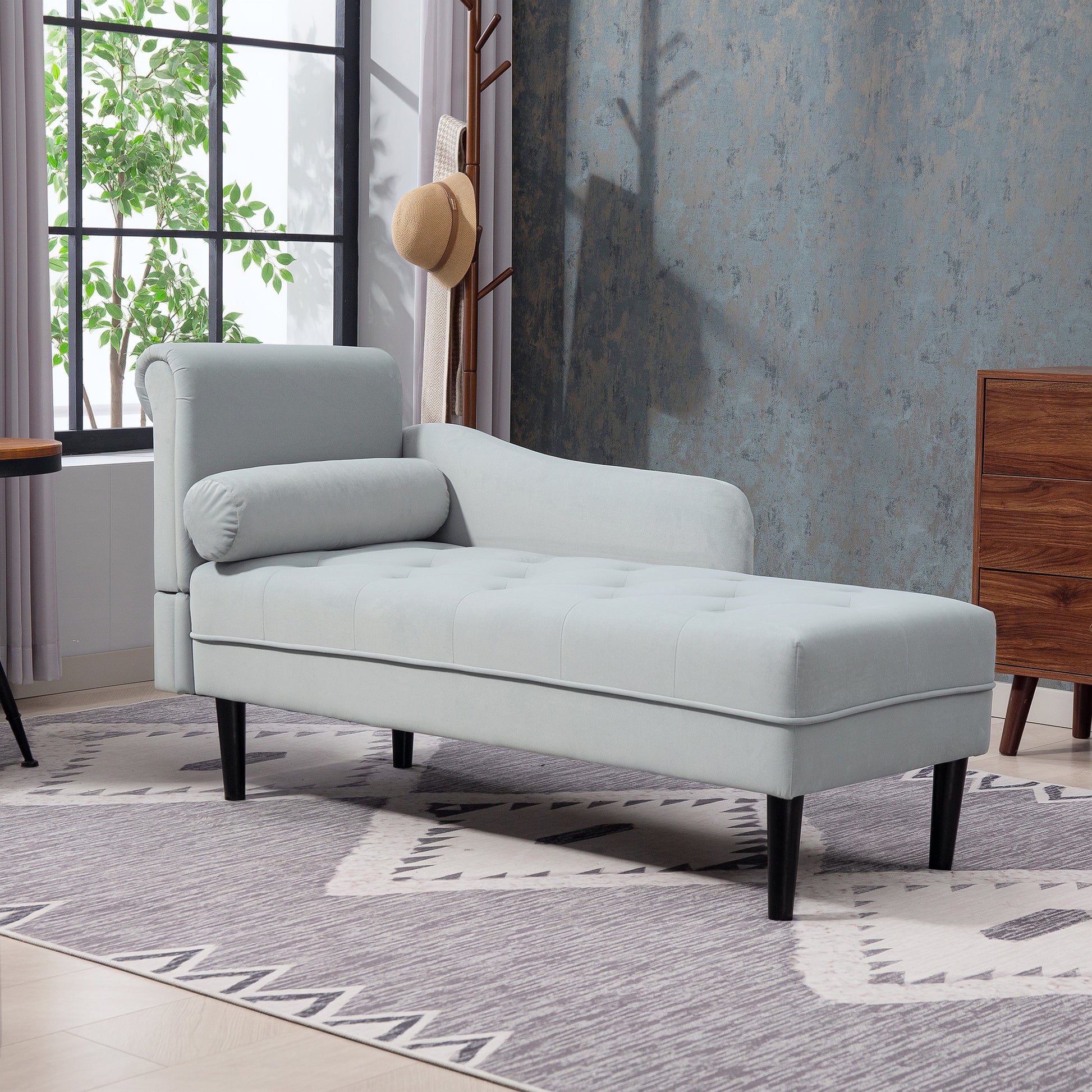 Quilted Chaise Longue with Left Armrest and Cushion in Velvet, Upholstered Sofa, Chaise Longue Armchair with Solid Wood Legs for Living Room, Office, and Lounge, Gray