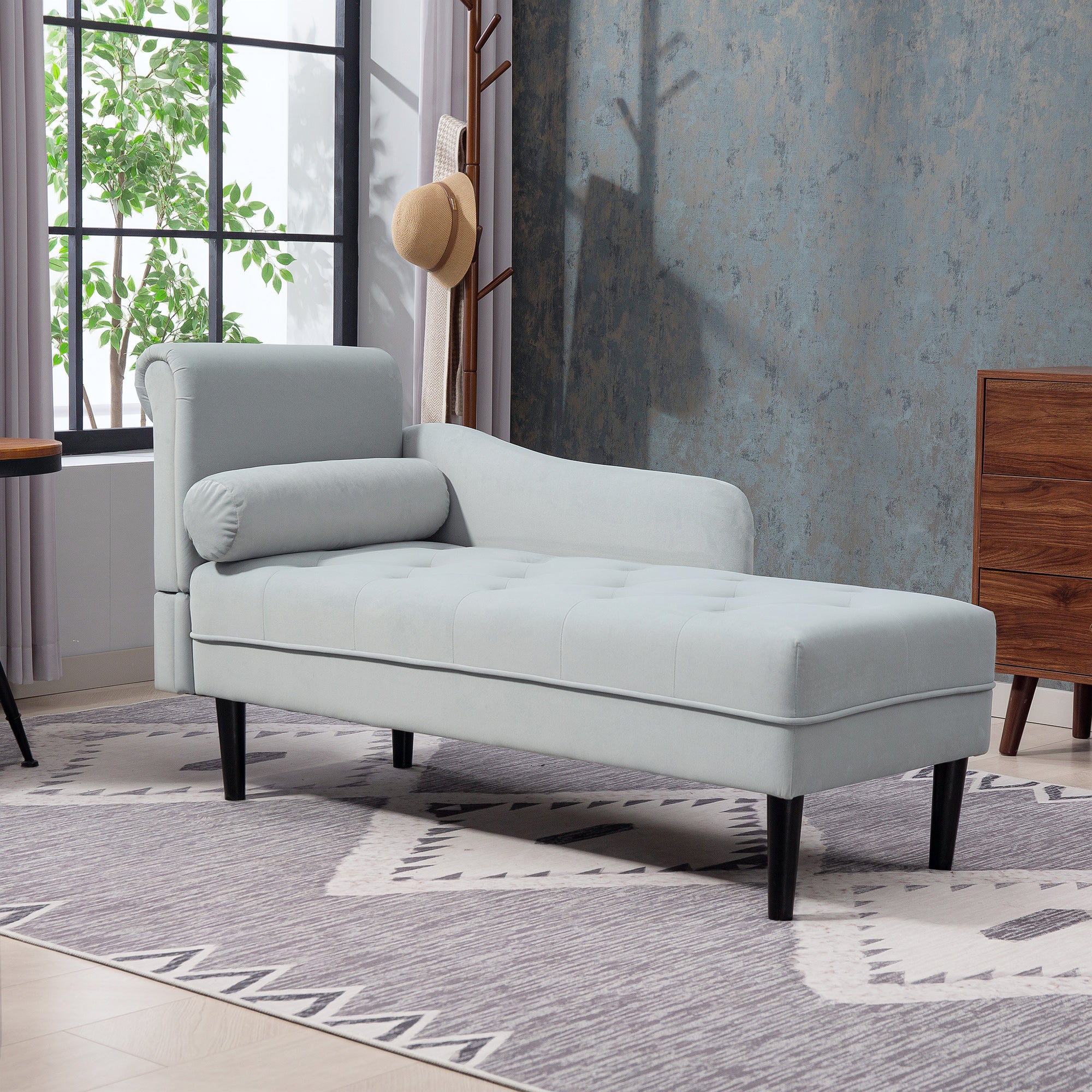 Quilted Chaise Longue with Left Armrest and Cushion in Velvet, Upholstered Sofa, Chaise Longue Armchair with Solid Wood Legs for Living Room, Office, and Lounge, Gray