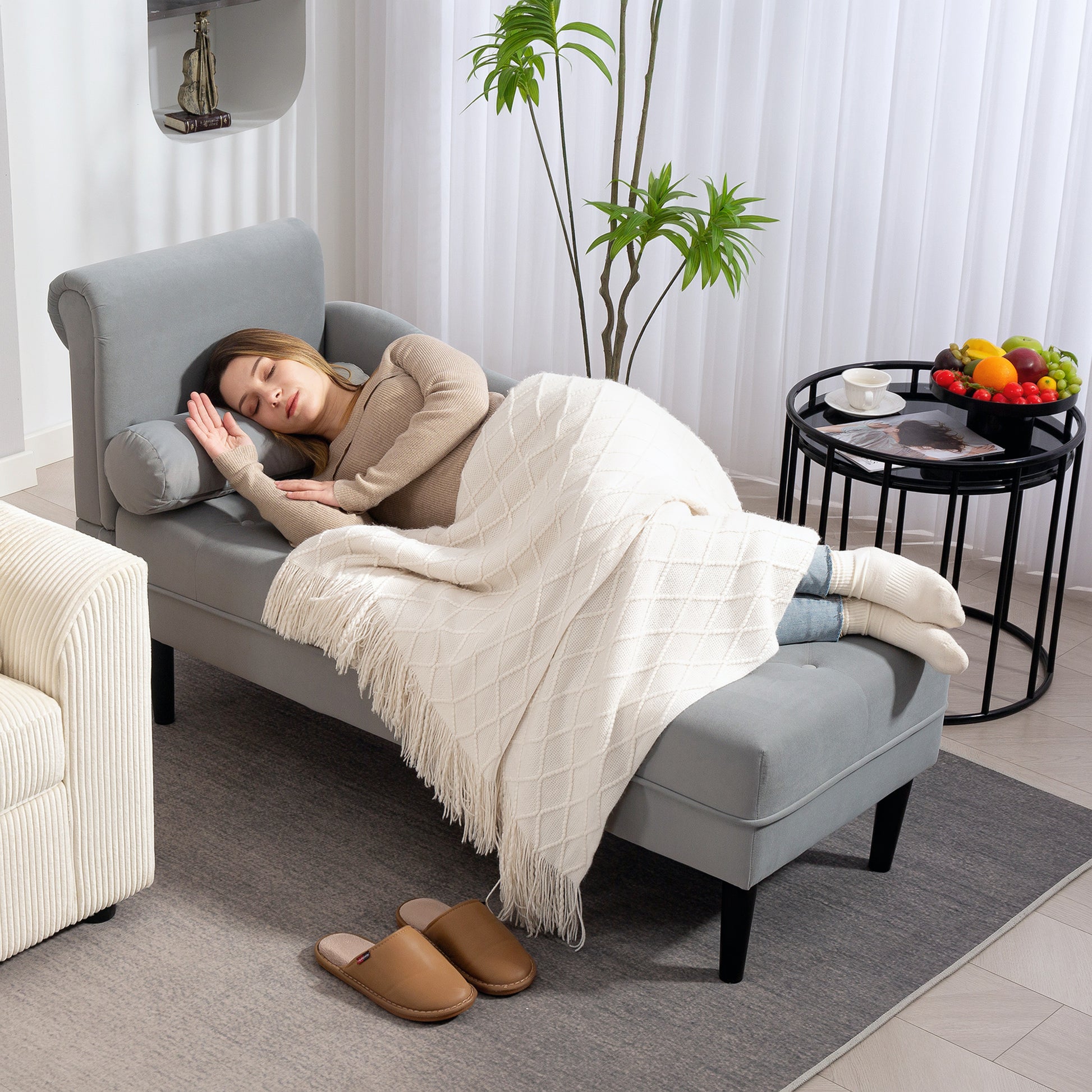 Quilted Chaise Longue with Left Armrest and Cushion in Velvet, Upholstered Sofa, Chaise Longue Armchair with Solid Wood Legs for Living Room, Office, and Lounge, Gray