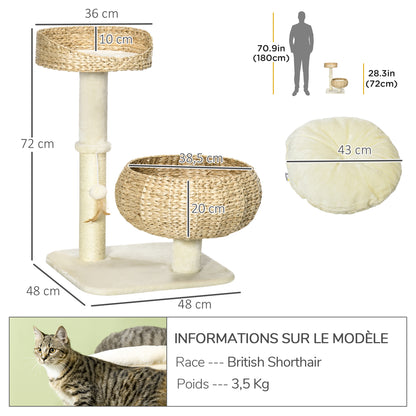 Cat Scratching Tree 2-Level Height 72 cm Sisal Post with Hideaway and Platform 1 Suspended Ball Beige